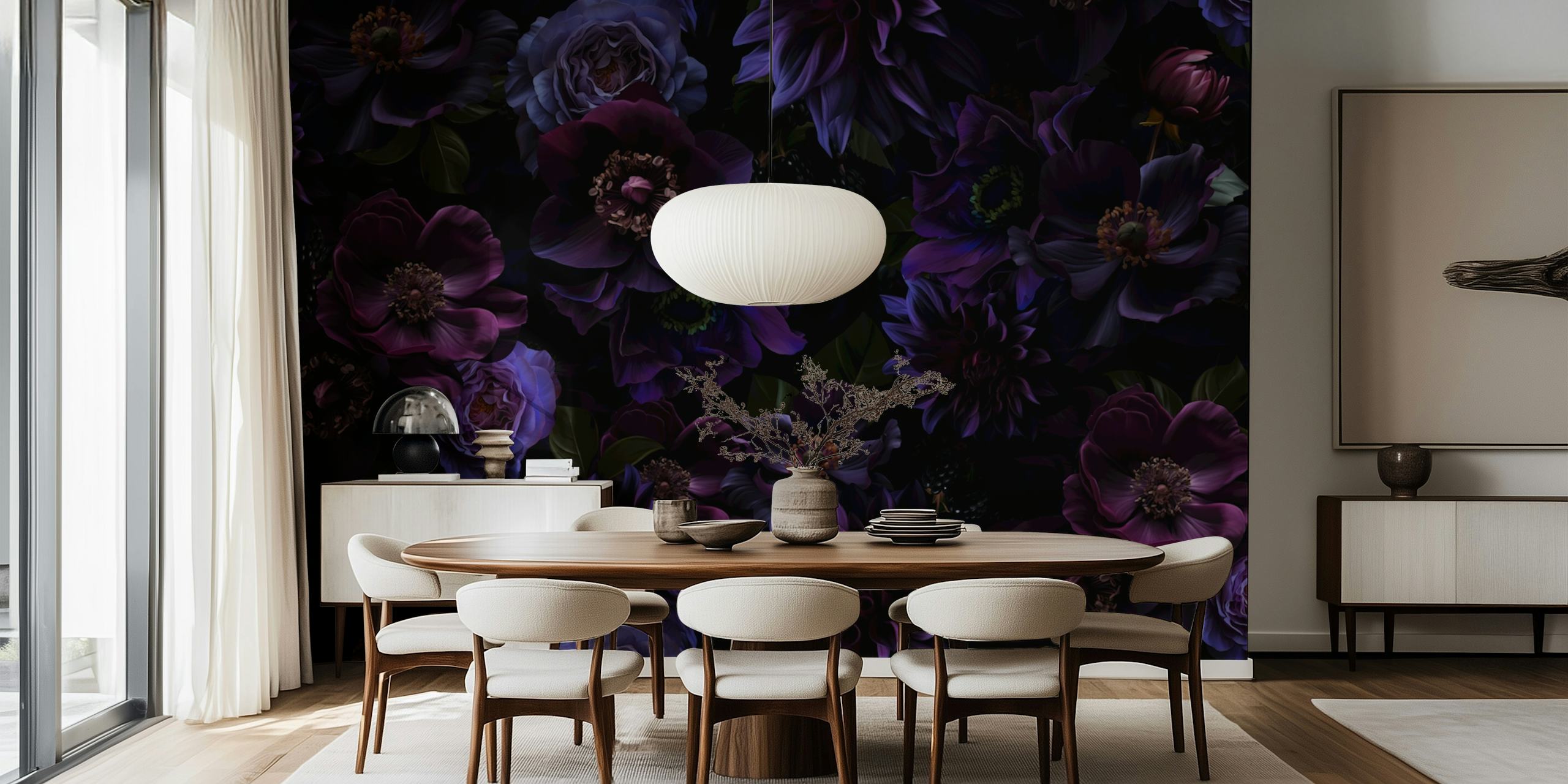 Dark floral wallpaper featuring purple flowers and green leaves