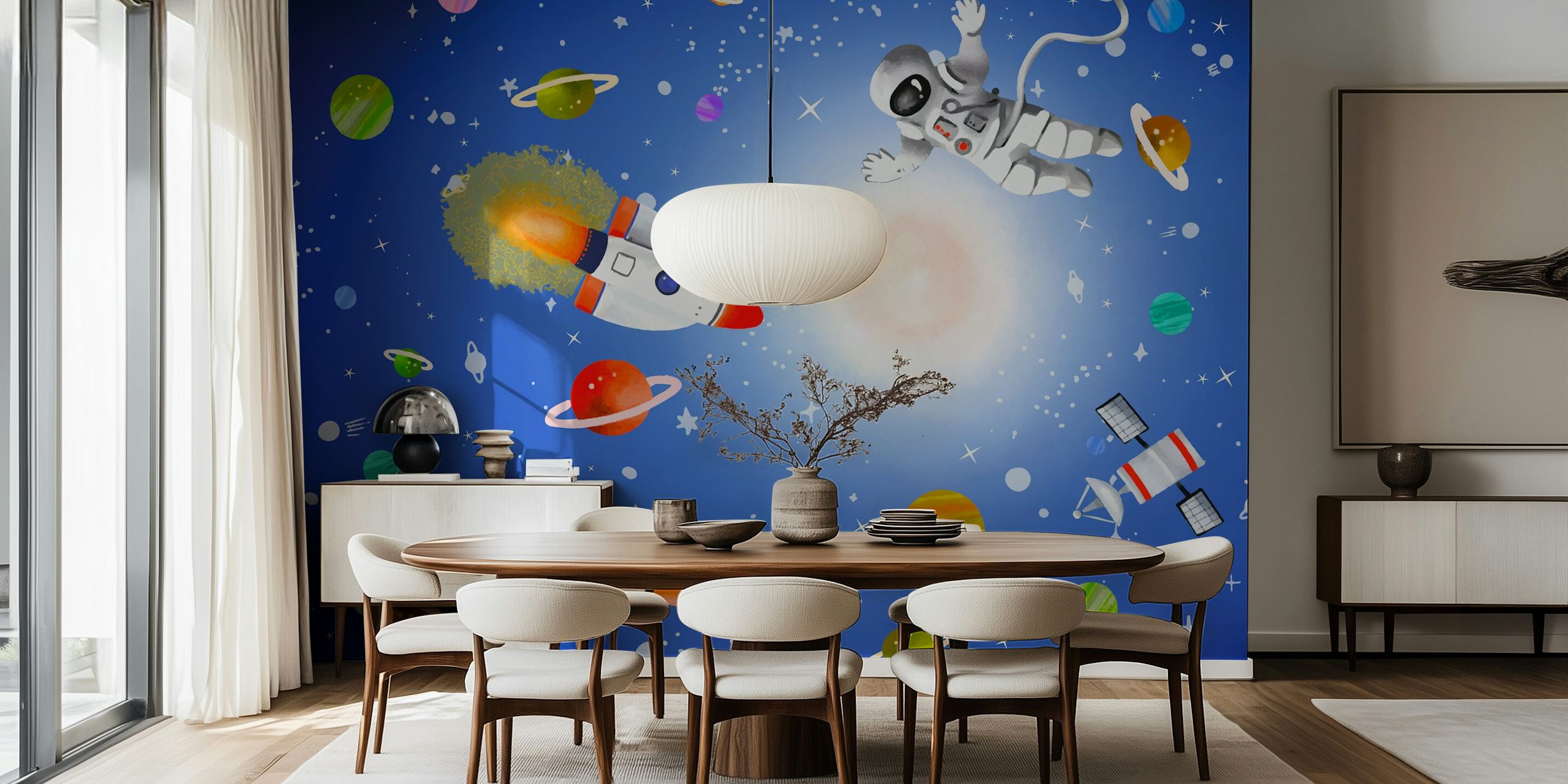 Colorful space scene with planets, rockets, astronaut, blue background wallpaper
