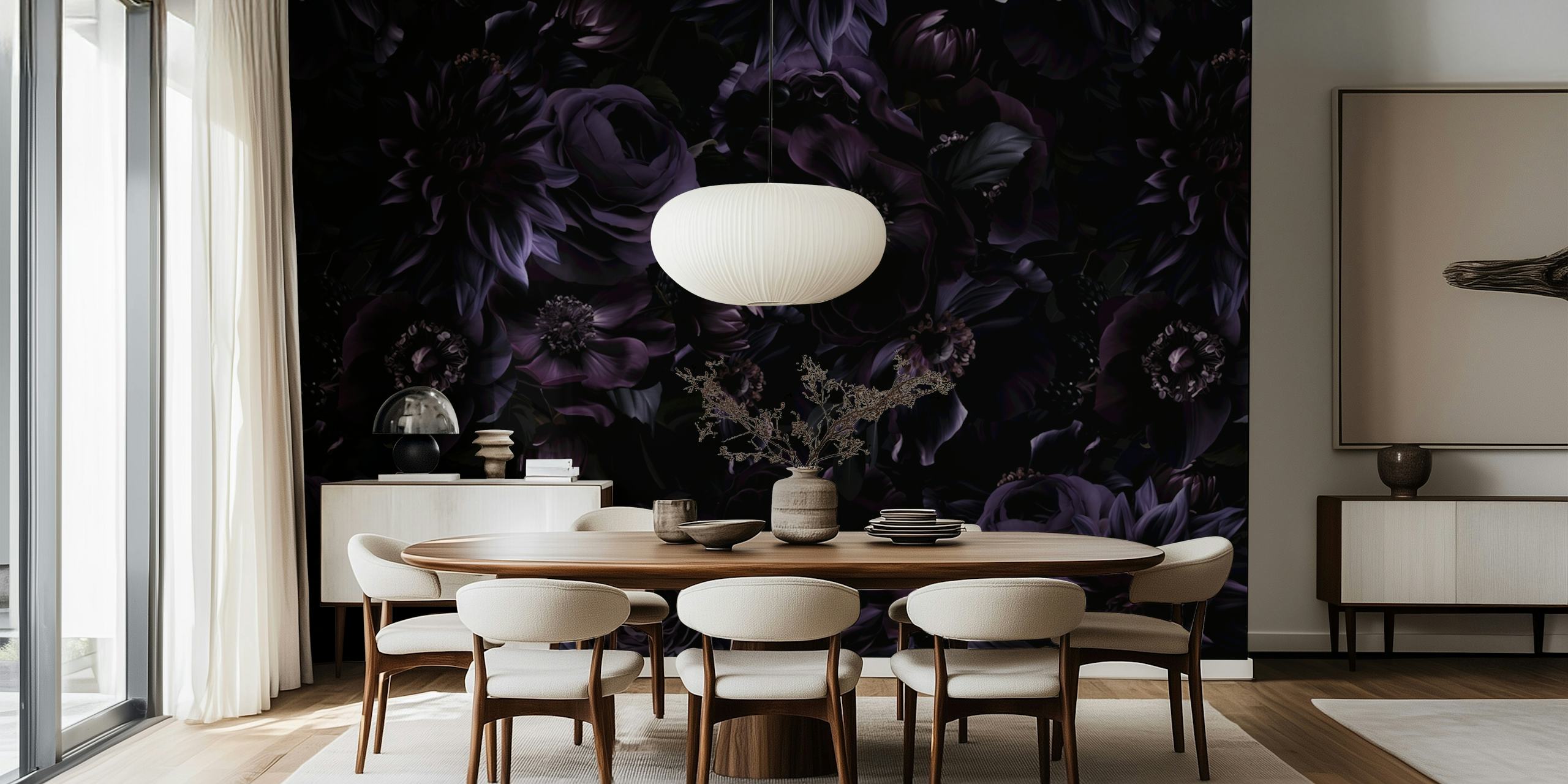 Dark purple floral pattern with roses and dahlias wallpaper