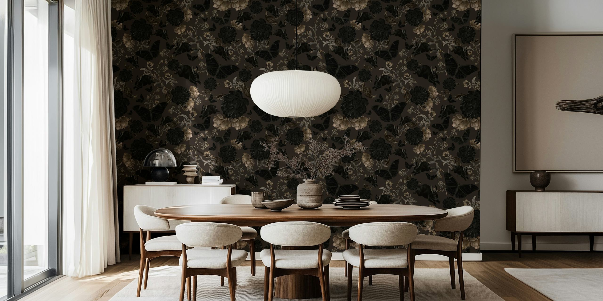 Gothic black floral wallpaper with roses and moths design