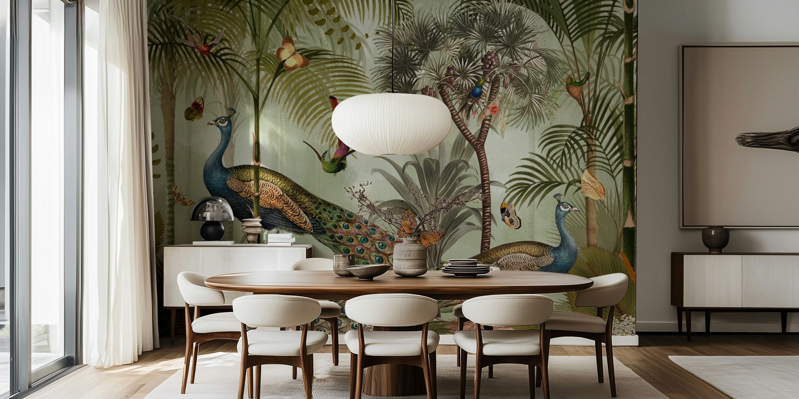 Tropical jungle scene with peacocks and butterflies wallpaper