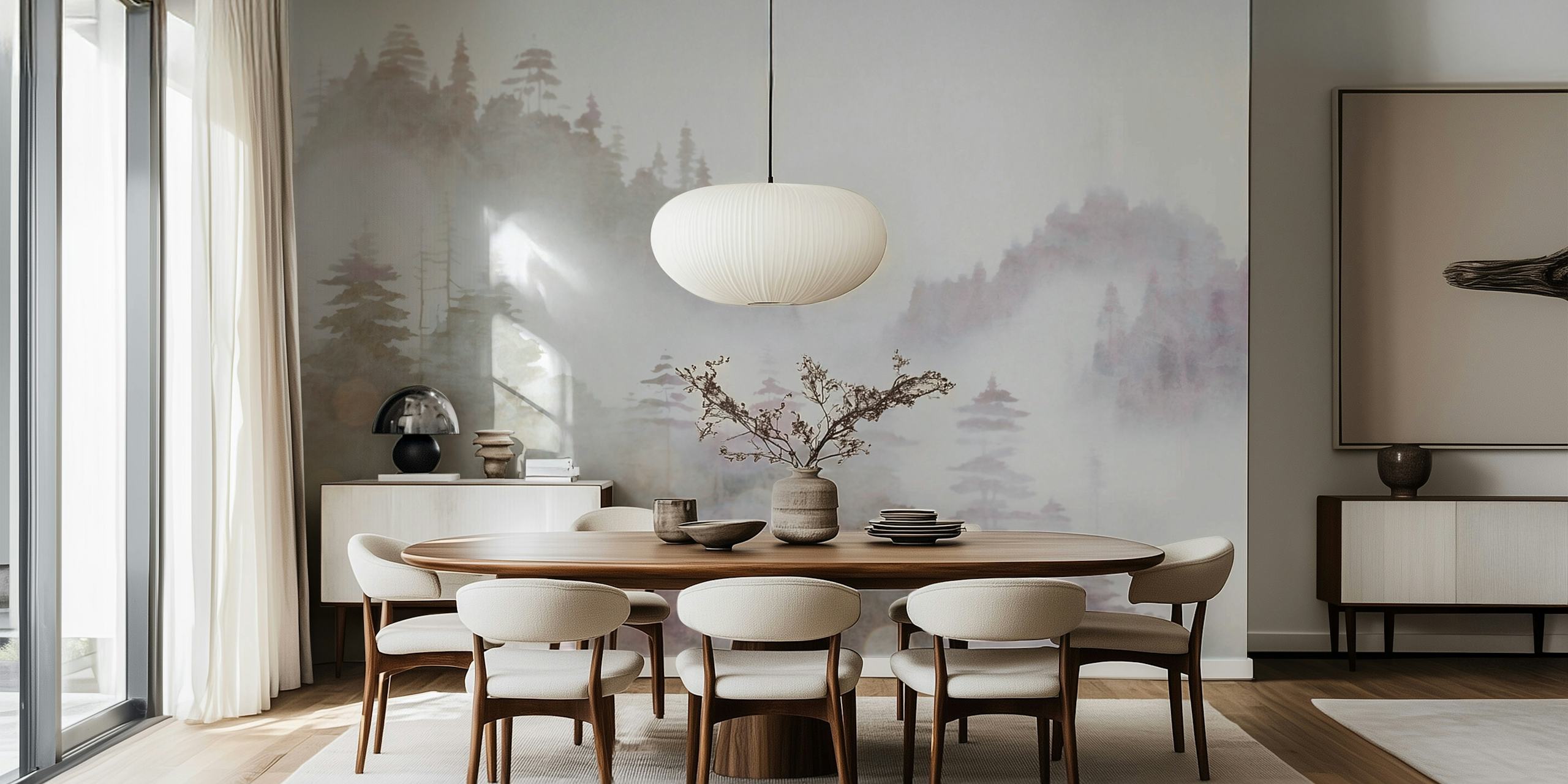 Watercolor of misty pine tree silhouettes in grey tones wallpaper