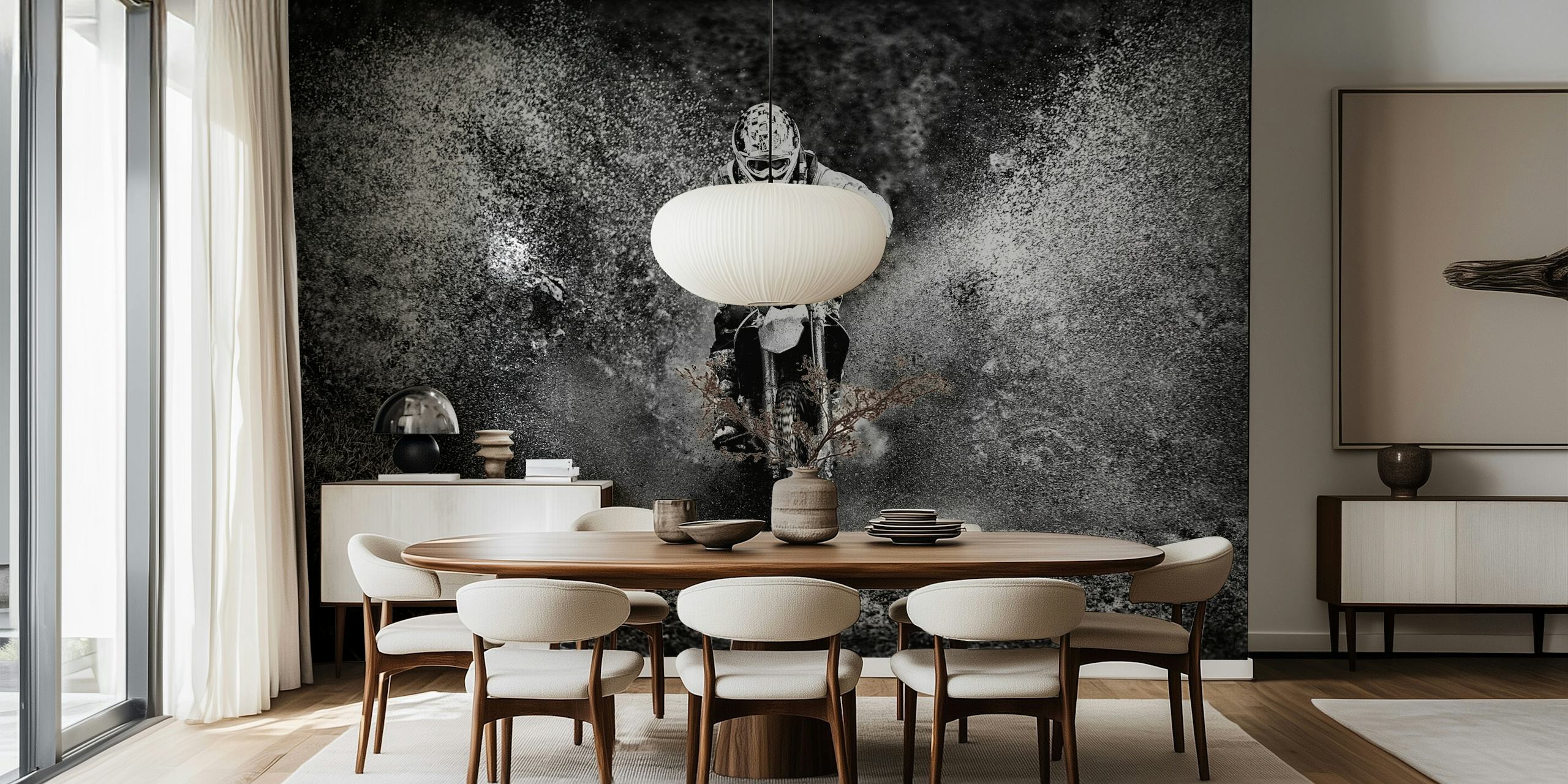 Motorcycle splashing through mud in black and white wallpaper