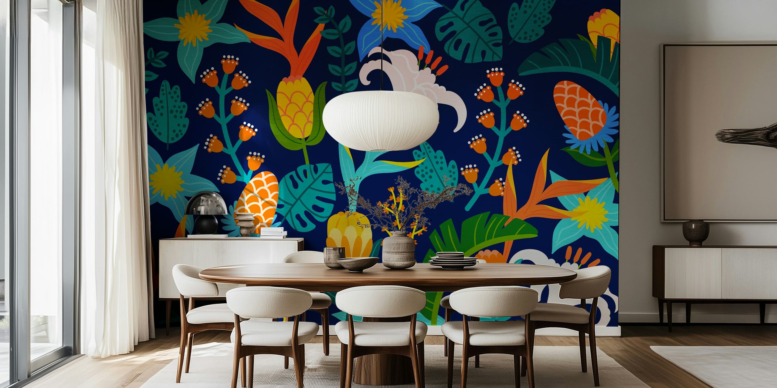 Colorful tropical flowers and leaves on dark background wallpaper