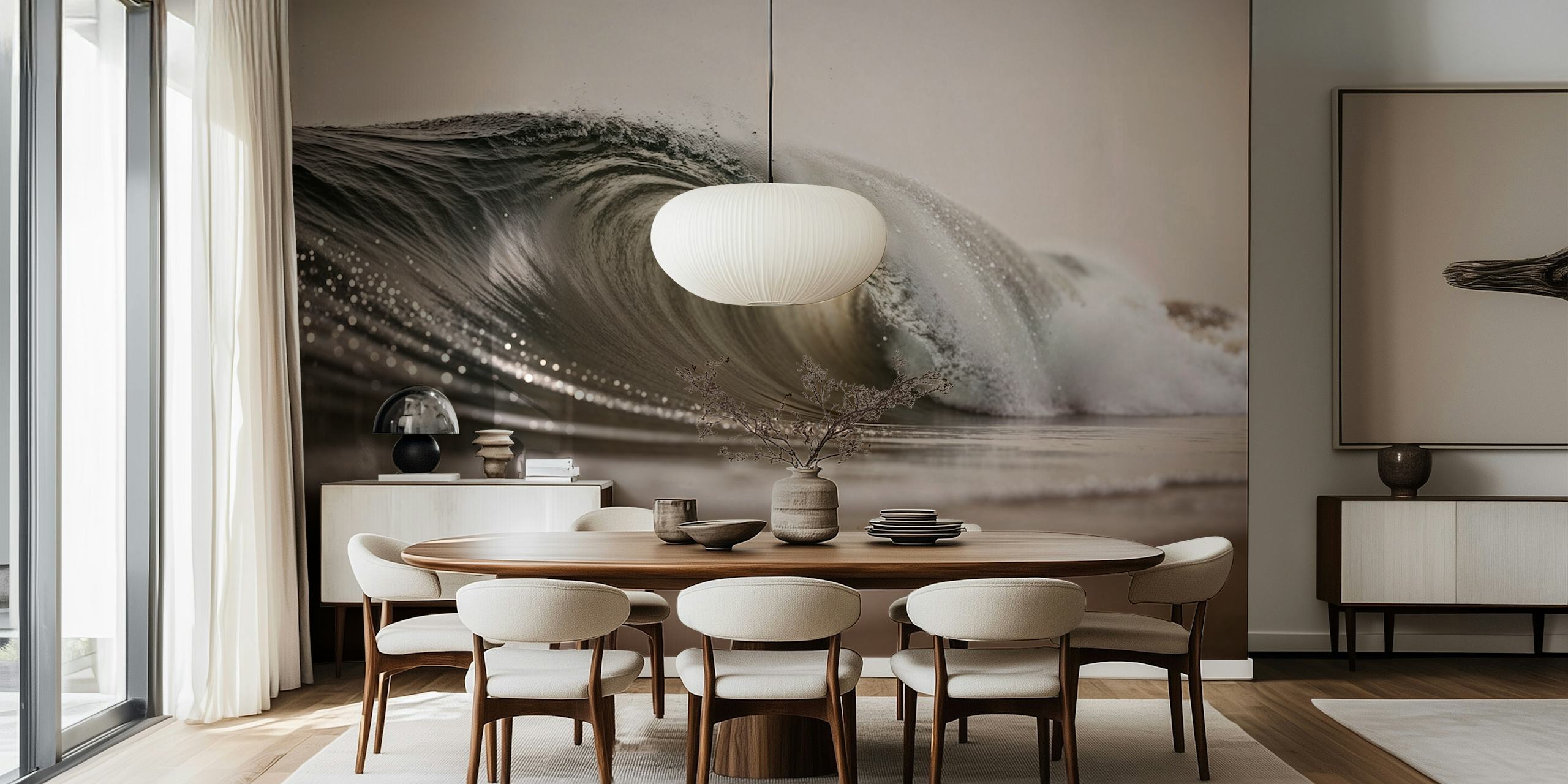 Beige and gray wave pattern wallpaper with sparkling water effect