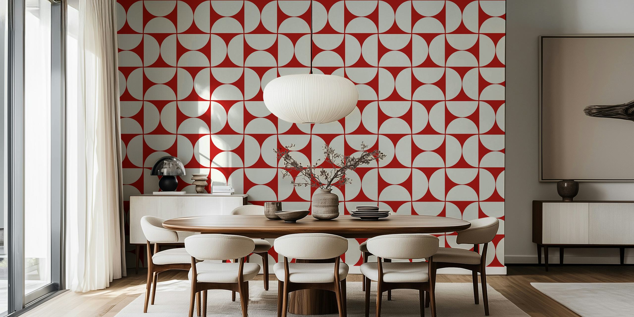 Mid-Century Modern geometric pattern wall mural in red and white colors