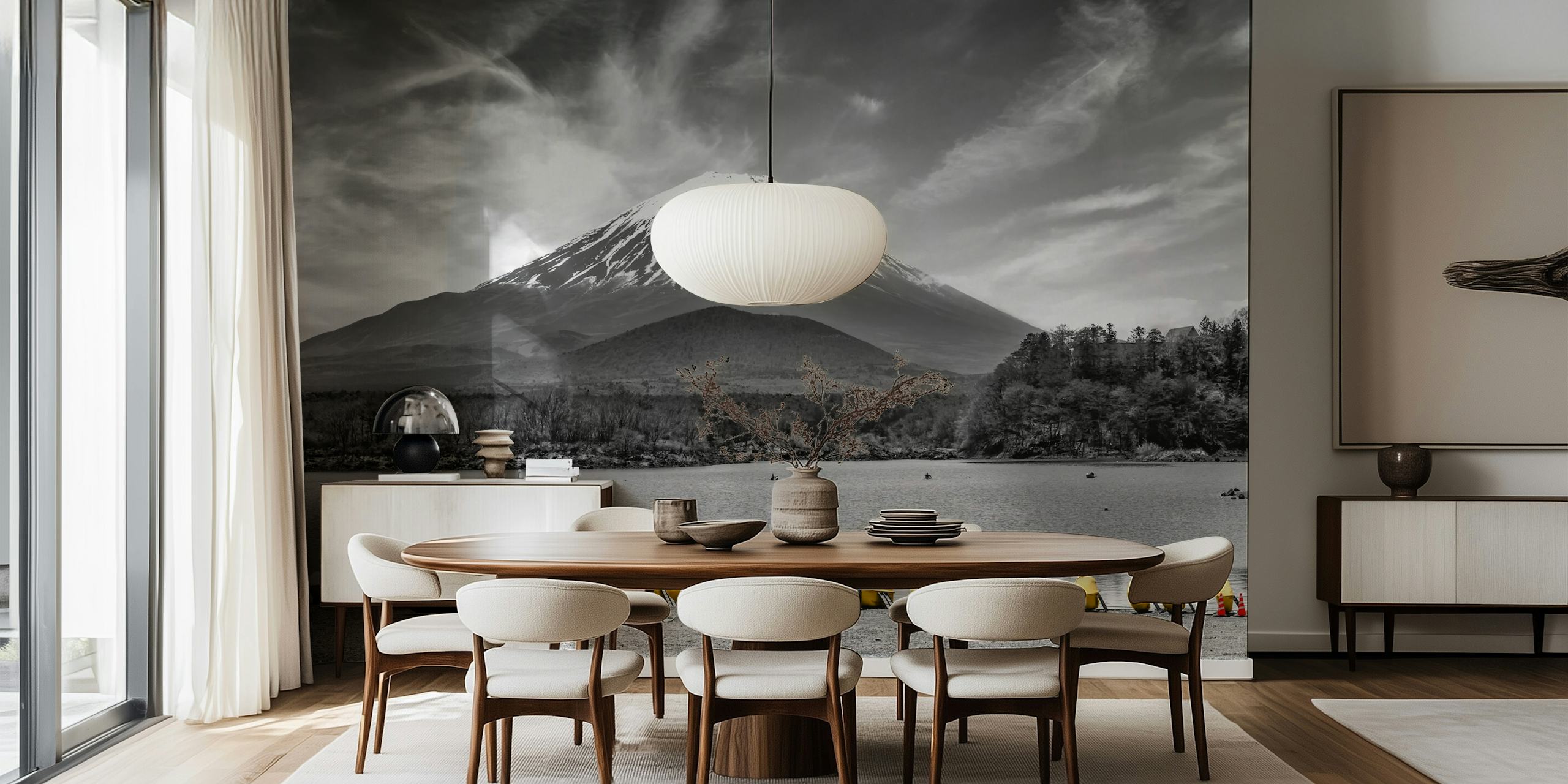 Black and white Mount Fuji scene with colorful yellow boats wallpaper