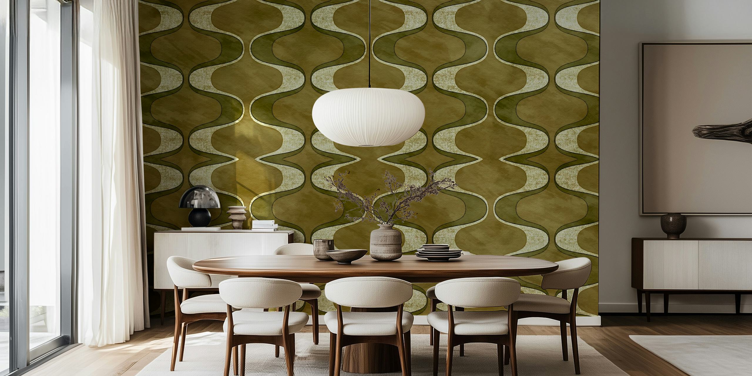 Green and tan wavy geometric design wallpaper