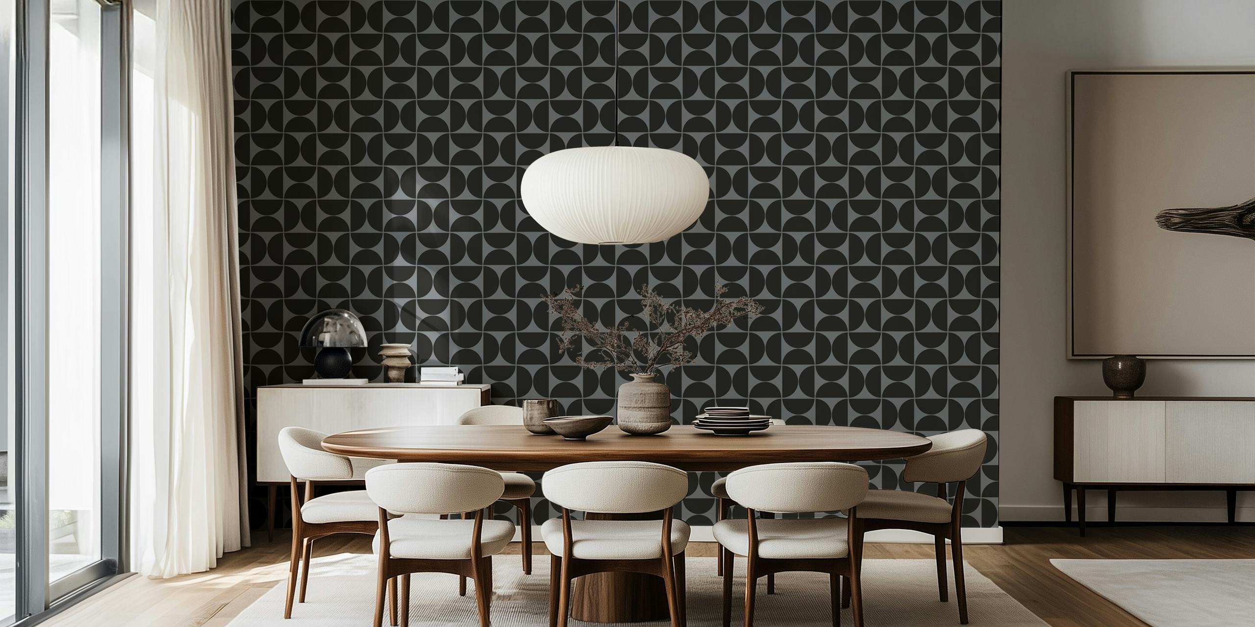 Black geometric pattern wallpaper featuring mid-century modern design.