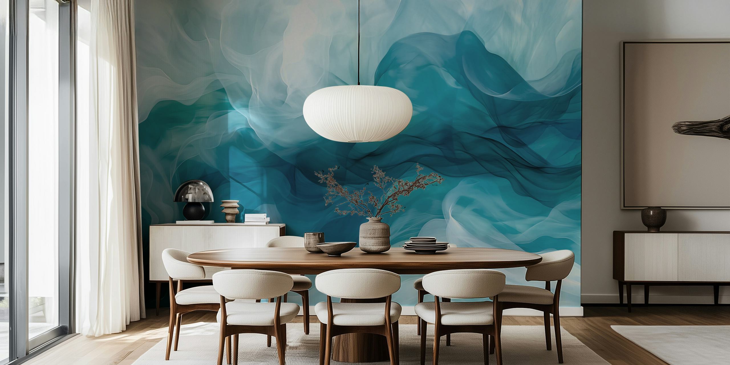 Abstract gentle blue and white waves tapetti huoneessa