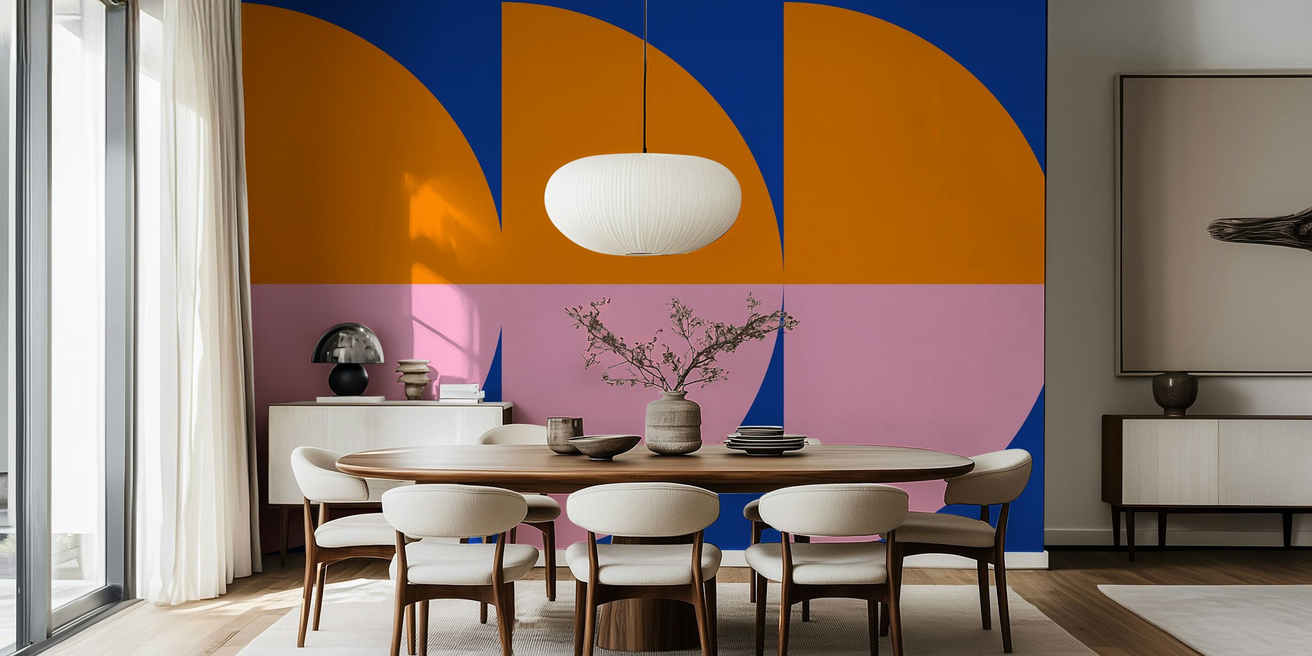 Colorful geometric pattern wallpaper with orange, pink, and blue segments