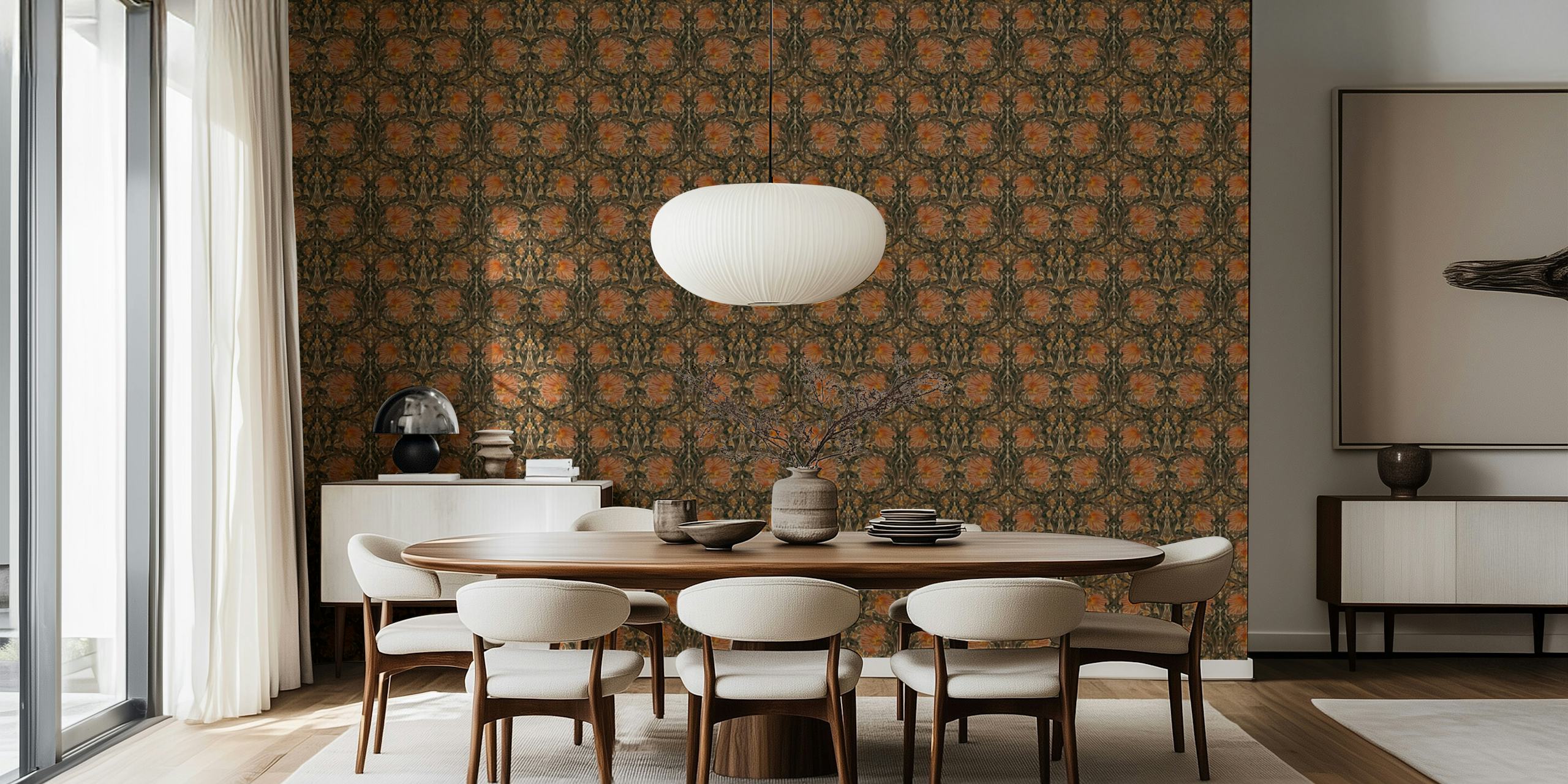 Pimpernel wallpaper in copper and sage green