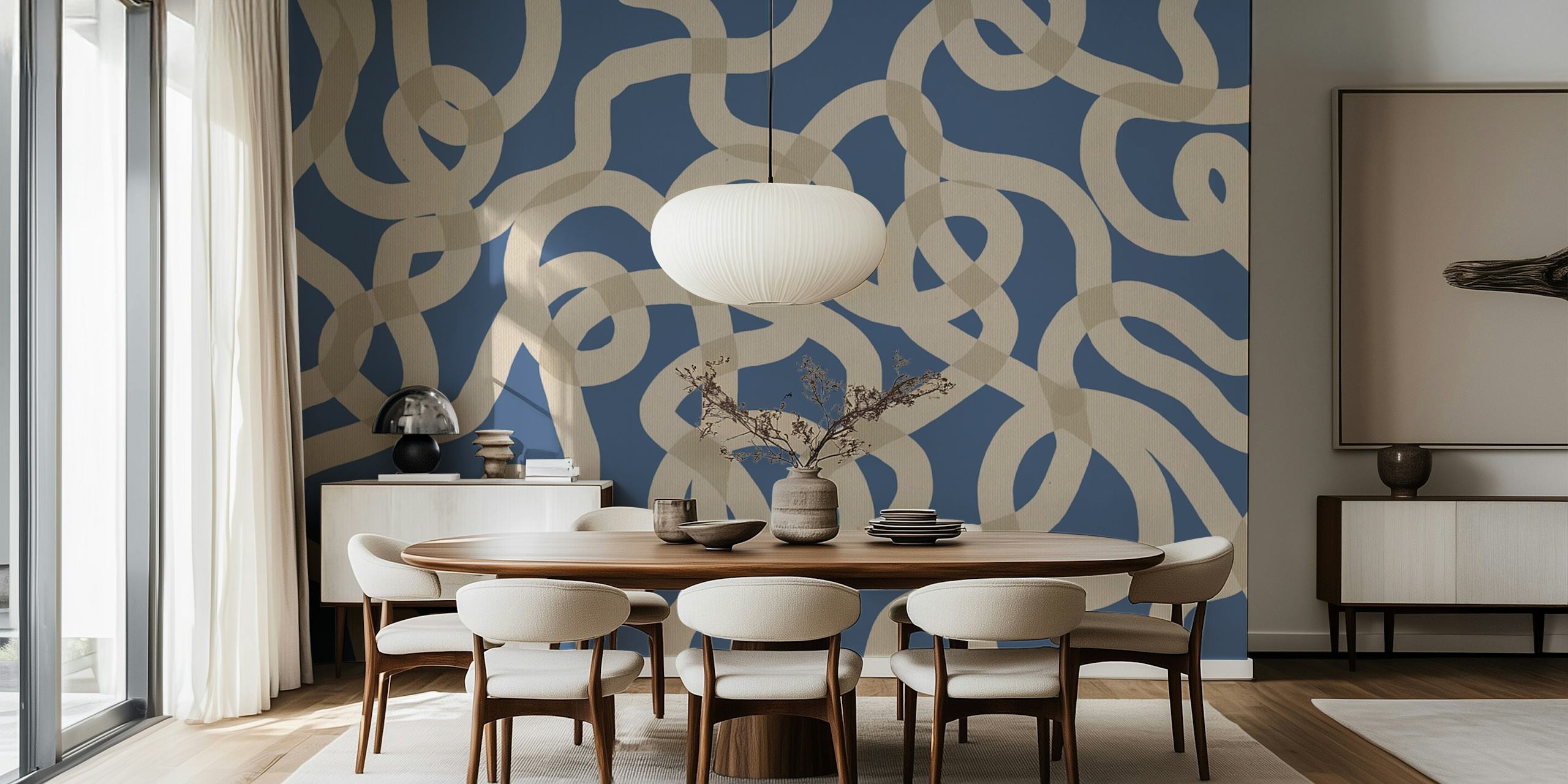 Abstract flowing lines pattern in blue and beige wallpaper