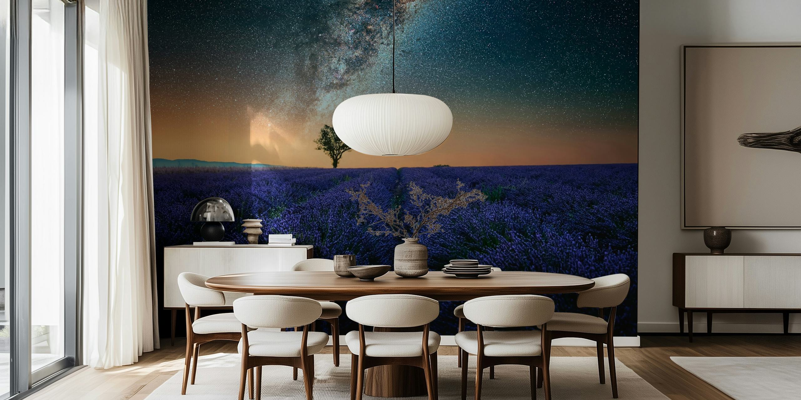 Lavender field with starry night sky and a lone tree wallpaper