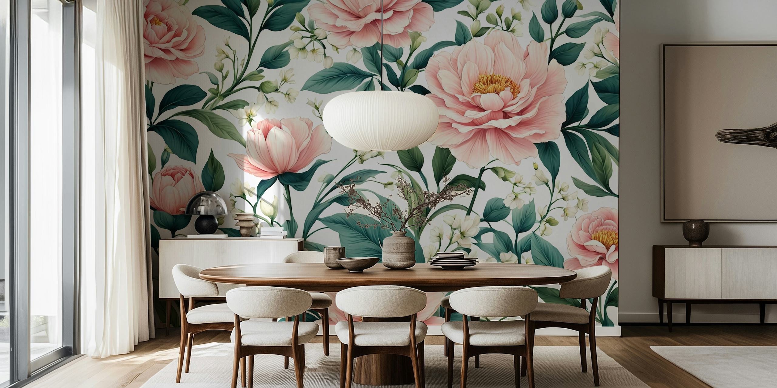 Pink floral arrangement wallpaper with leafy green accents