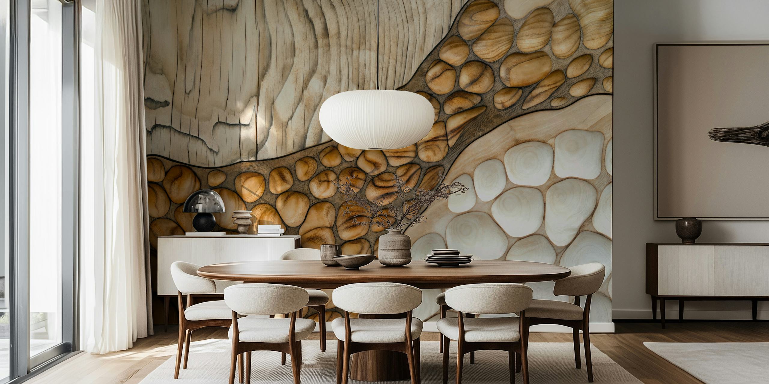 Wood pebbles and textured natural wood wallpaper