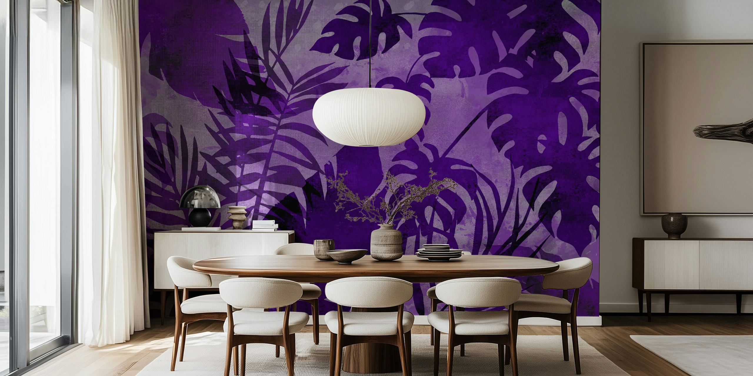 Purple tropical monstera palm wallpaper in a room