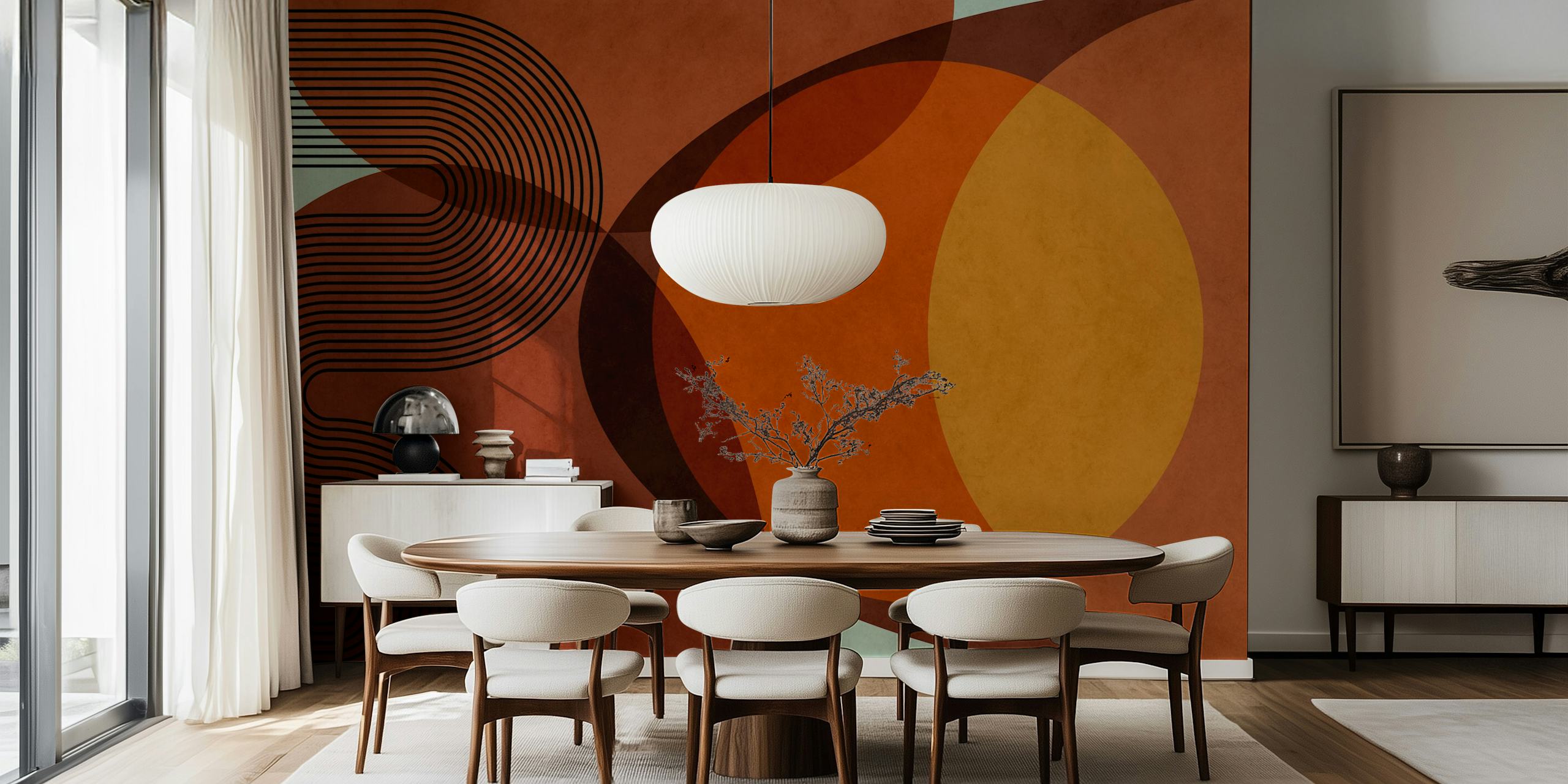 Abstract organic shapes in orange and brown on a textured wallpaper