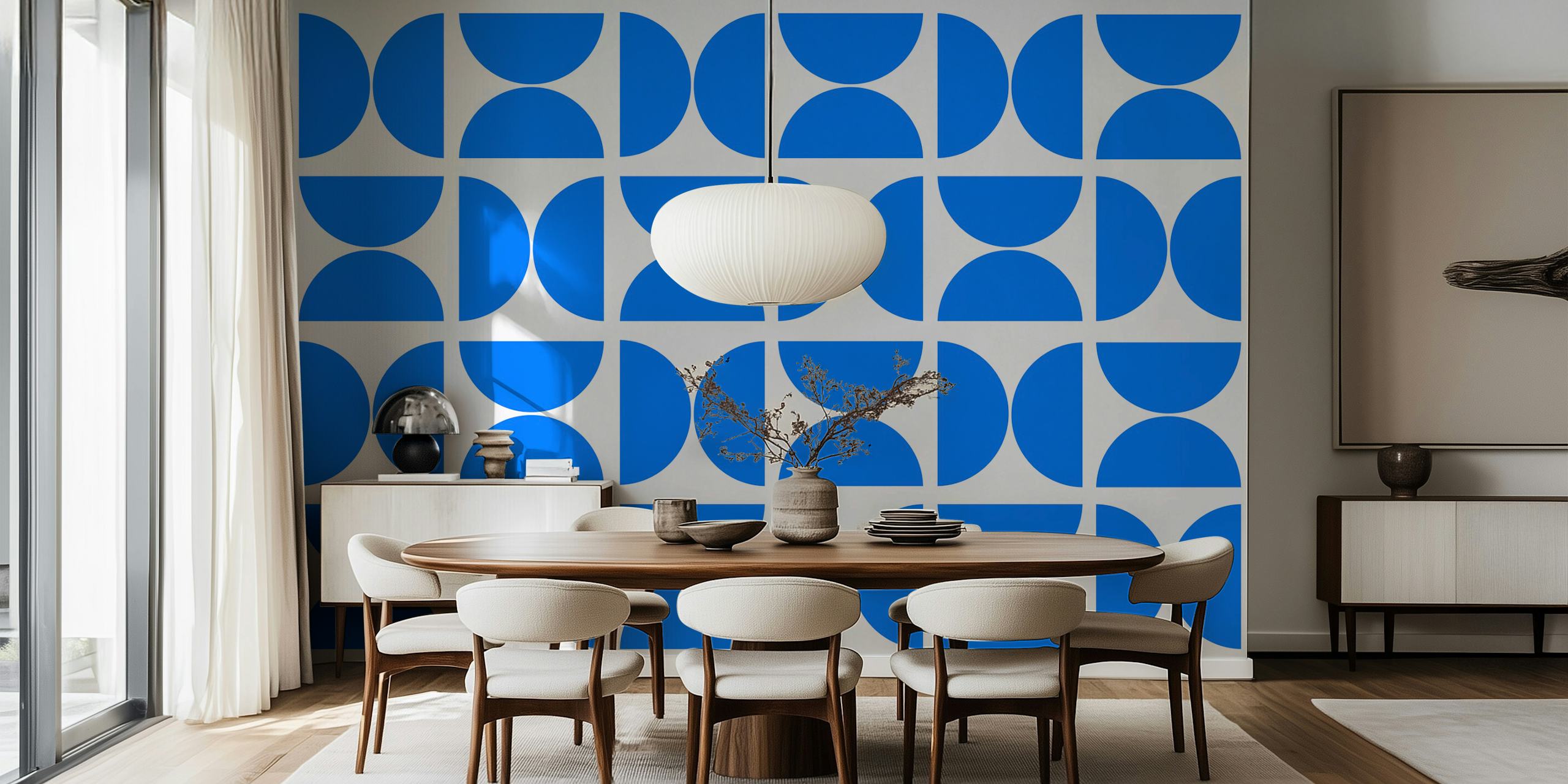 Geometric patterns in blue tones on white background wallpaper