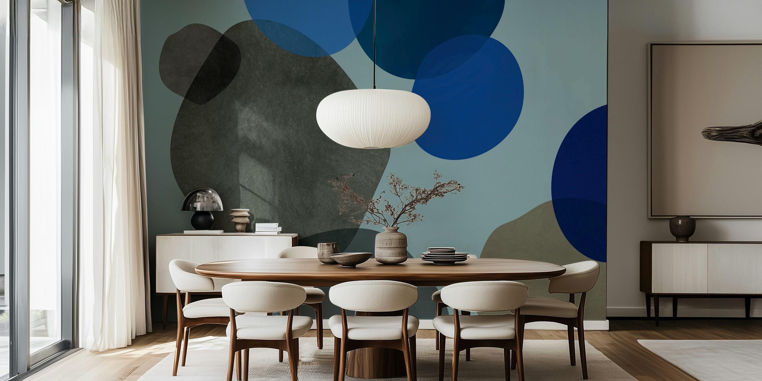 Abstract curved shapes in blue and grey wallpaper