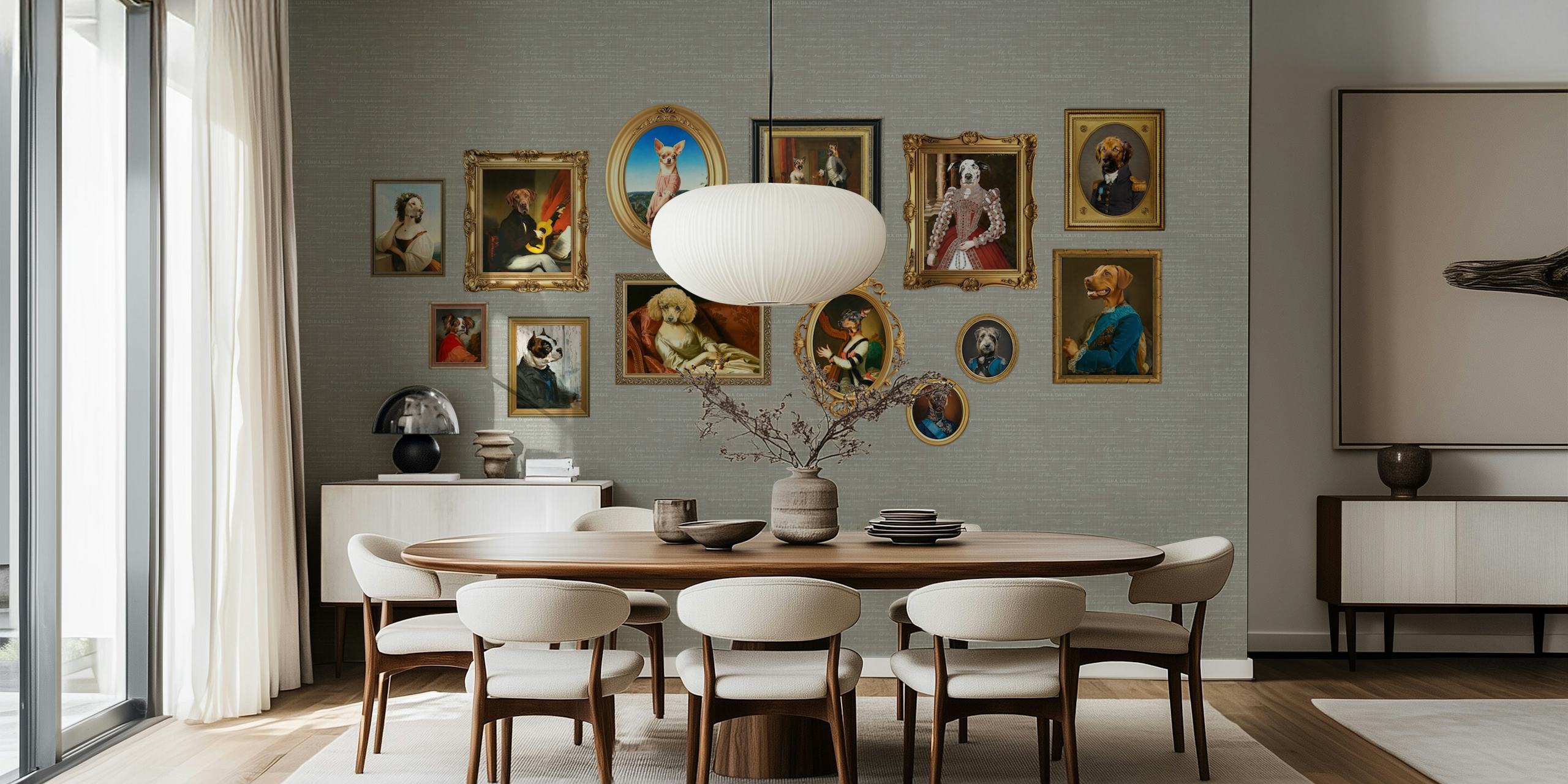 Collection of dog portraits in ornate frames on grey wallpaper