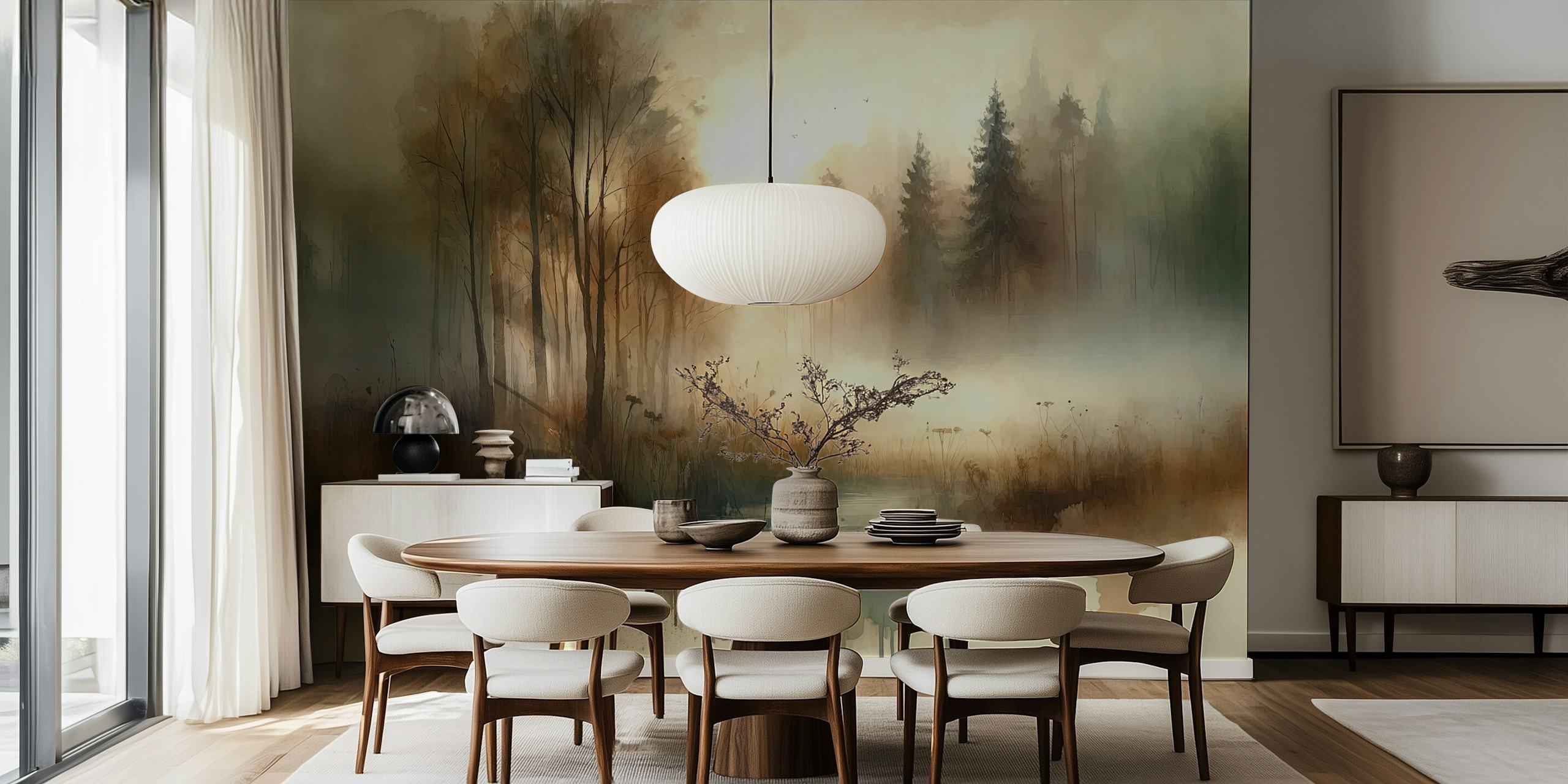 Misty forest landscape with trees, soft colors and light effects wallpaper