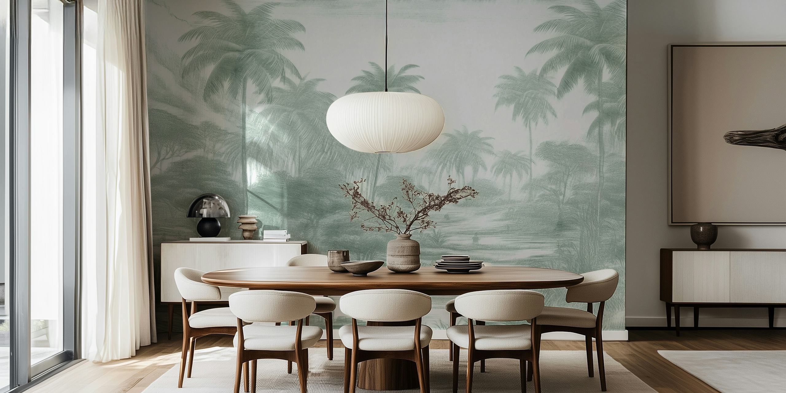 Tropical palm landscape wallpaper in green shades and fine detail.