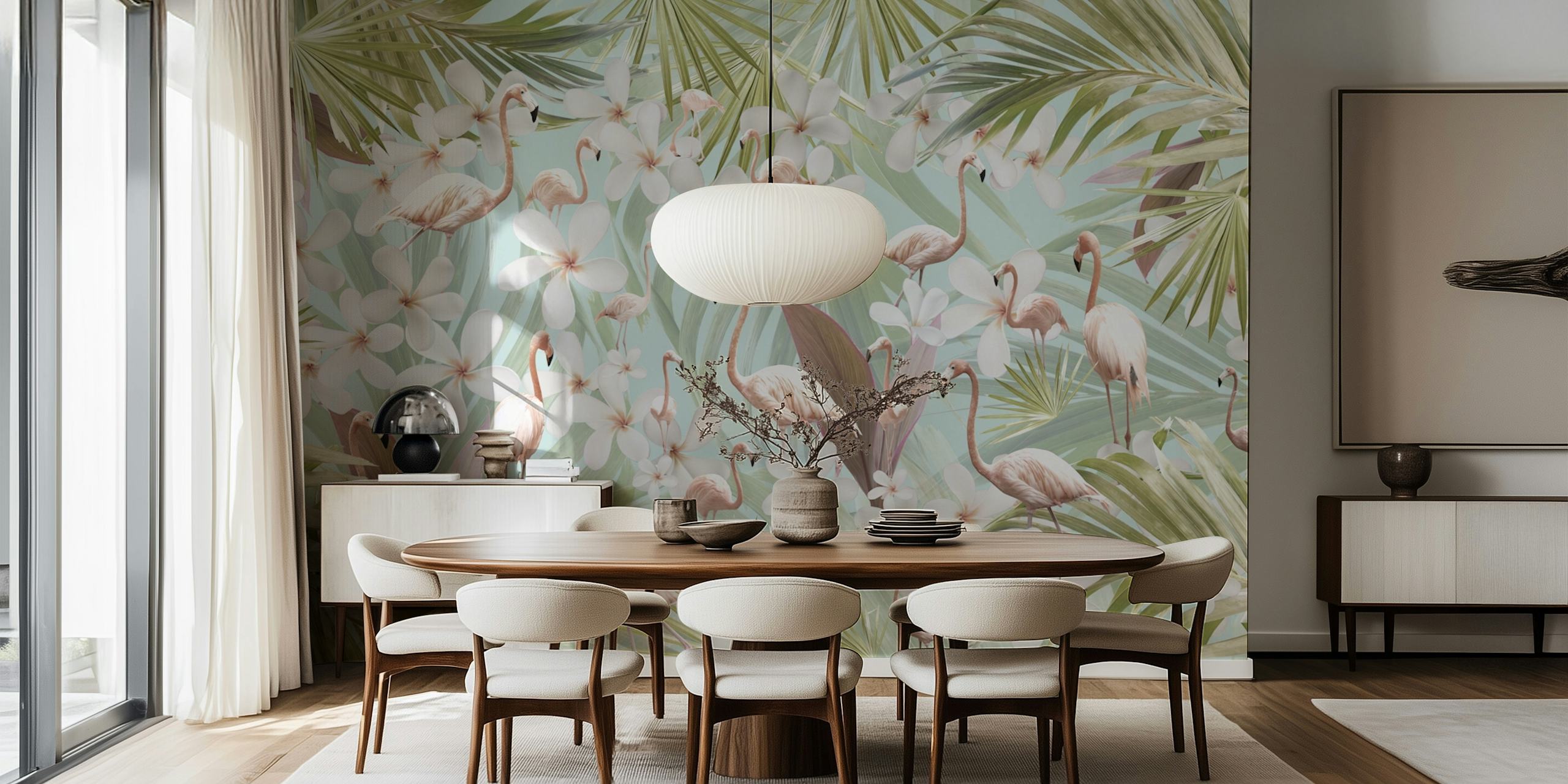 Flamingos and white flowers against pastel green background wallpaper