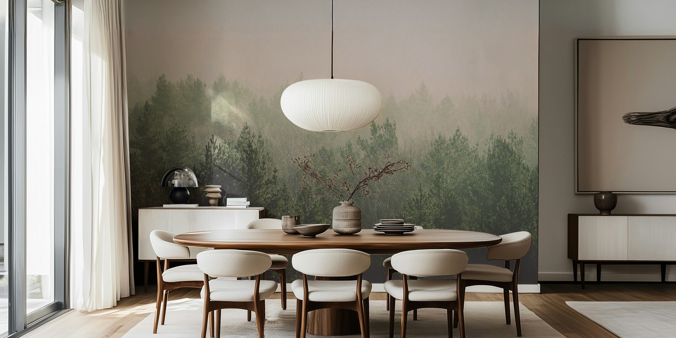 Green trees with misty pink backdrop wallpaper