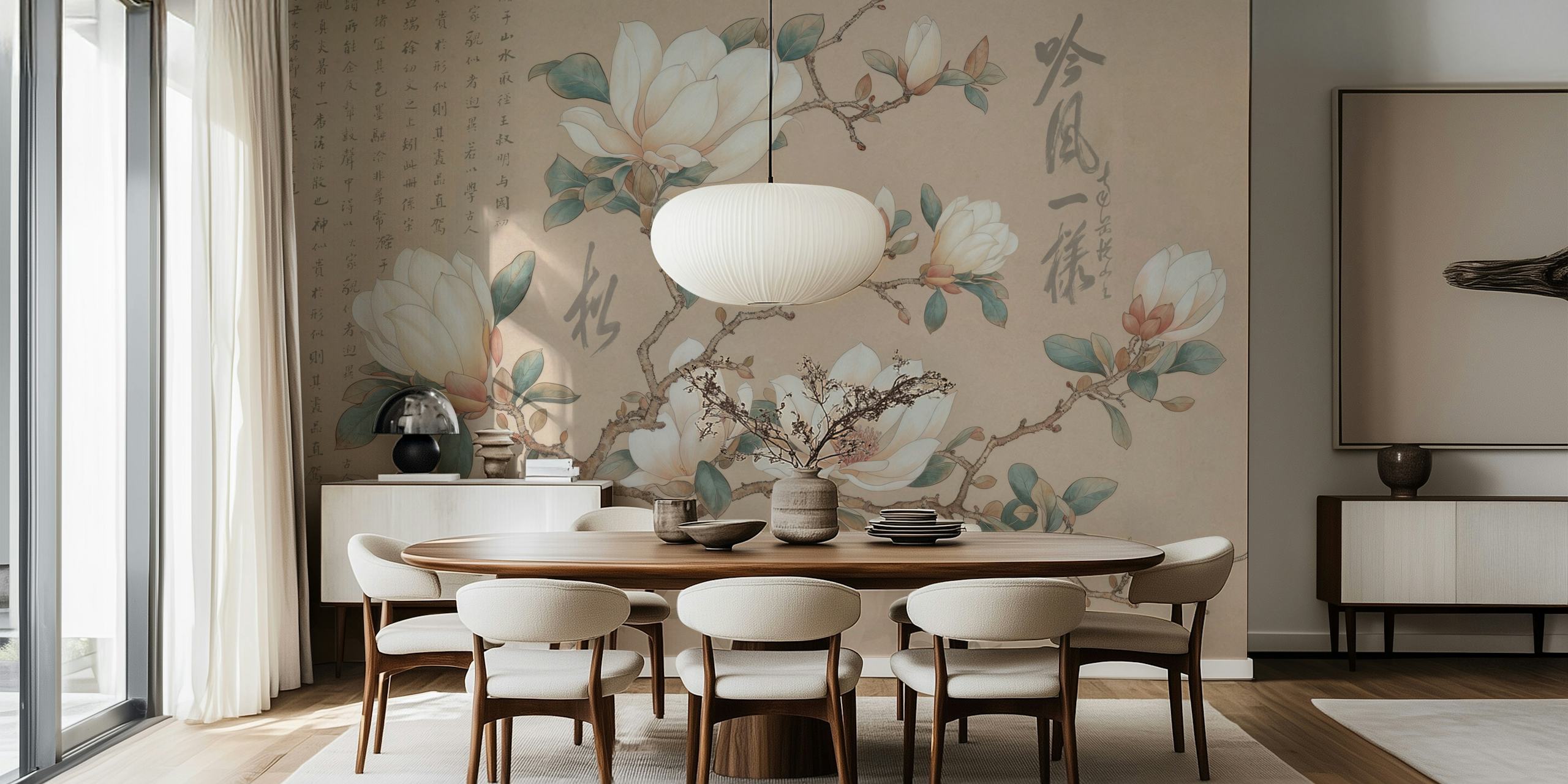 Chinoiserie Magnolia Vintage Botanical wallpaper in a room