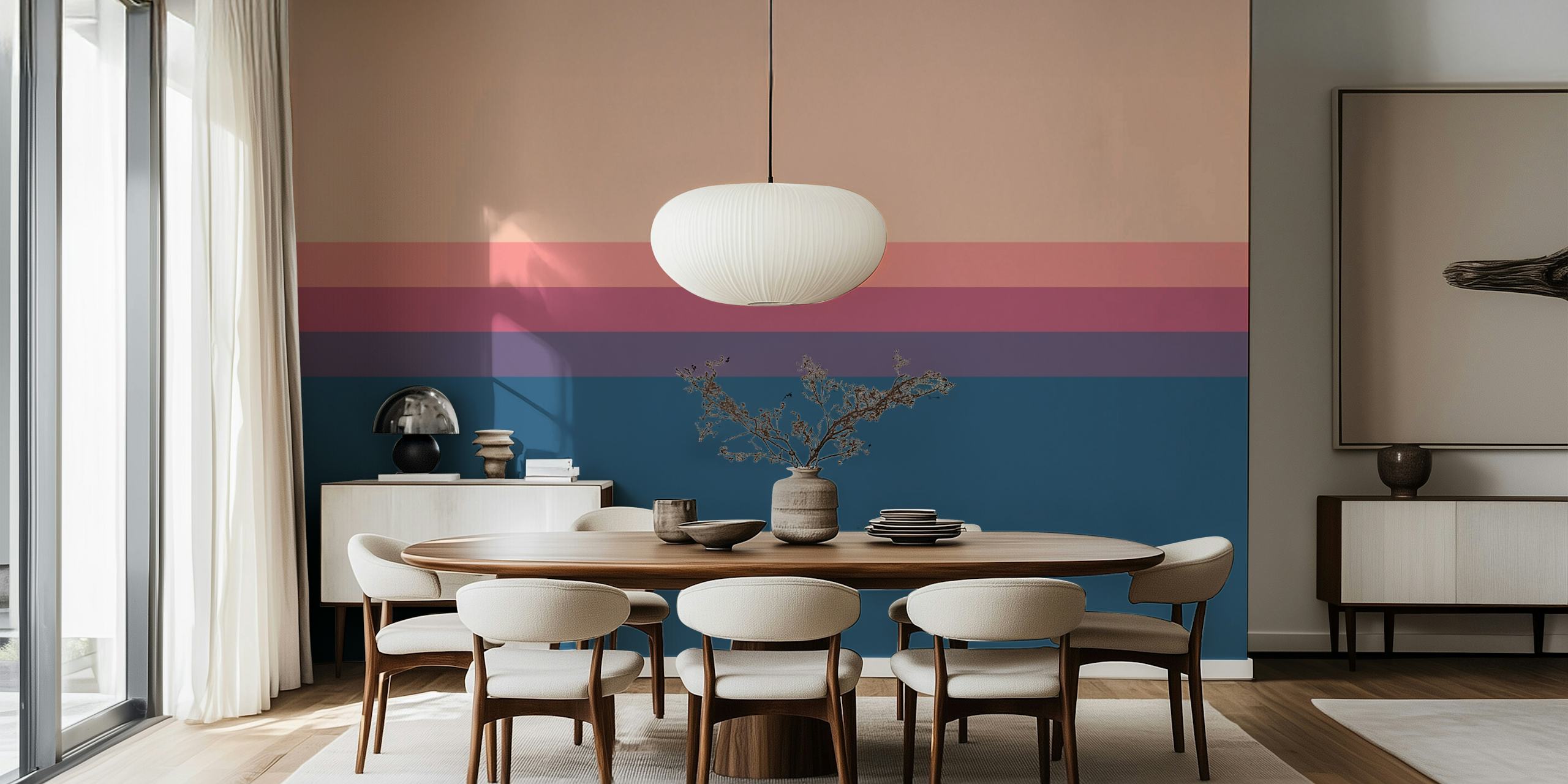 Horizontal stripes in peach, pink, and blue tones wallpaper