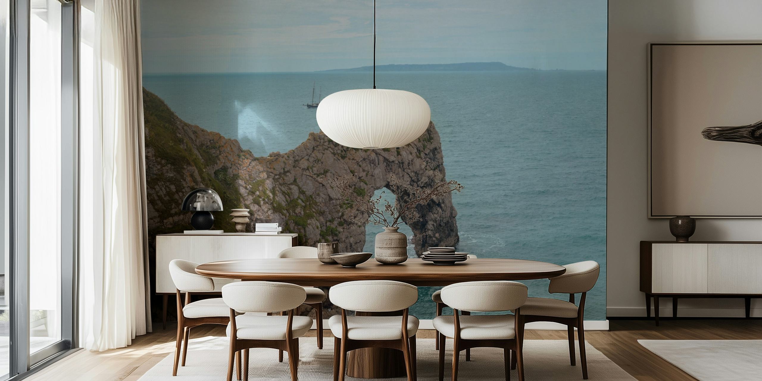Coastal view wallpaper featuring Durdle Door rock arch and blue waters.