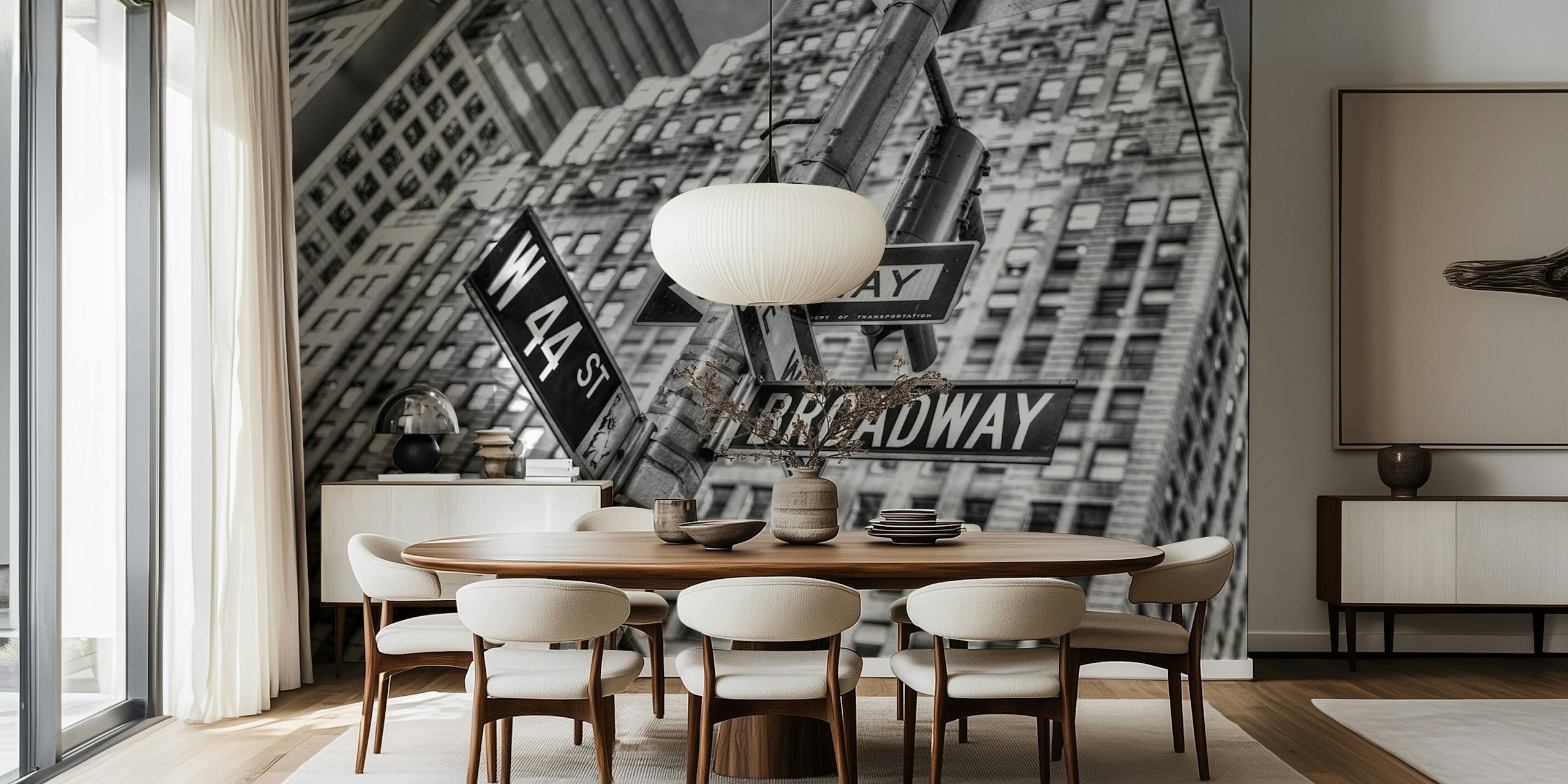 City street signs on buildings in black and white wallpaper