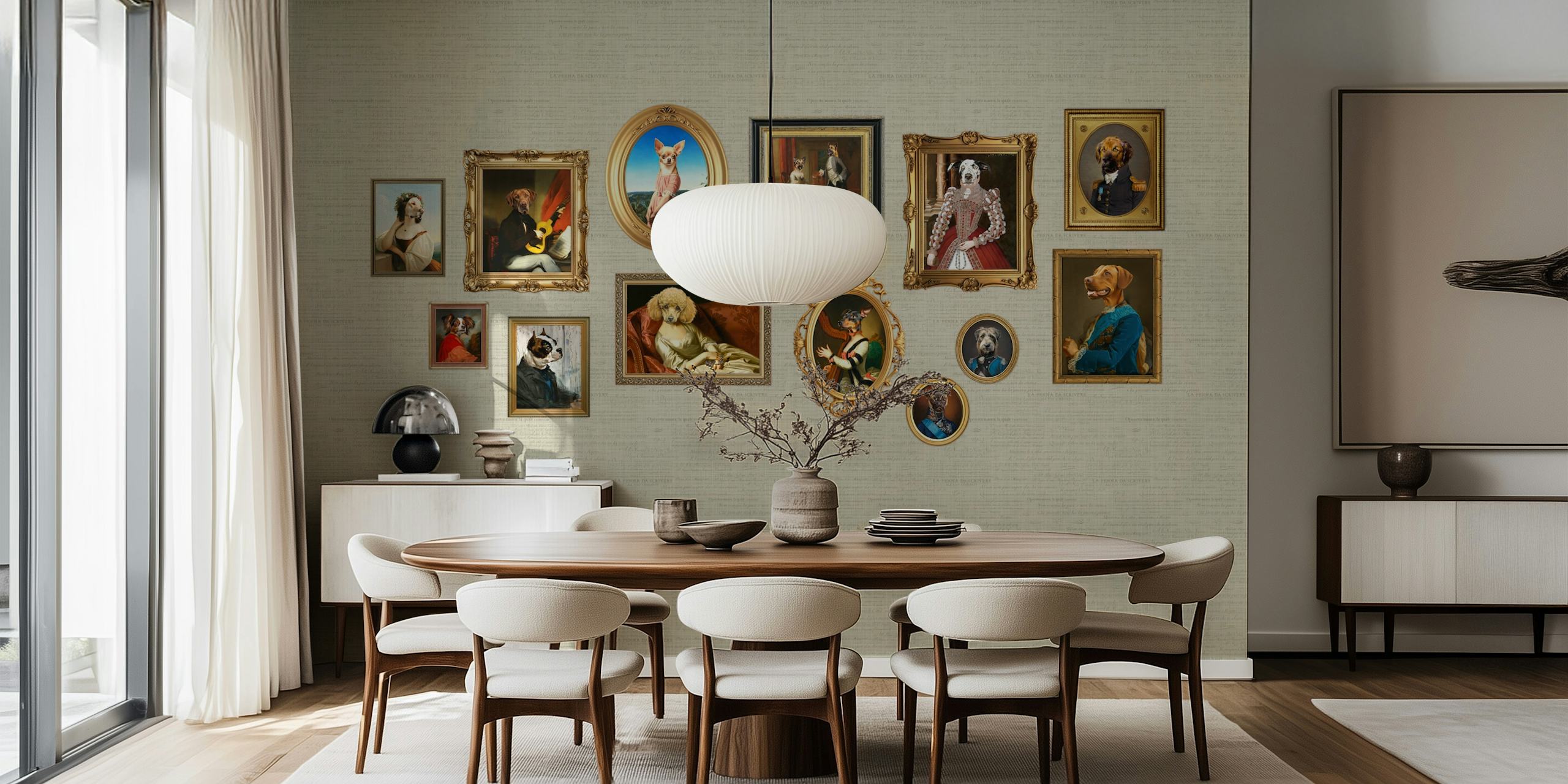 Dog portraits wallpaper in a stylish room