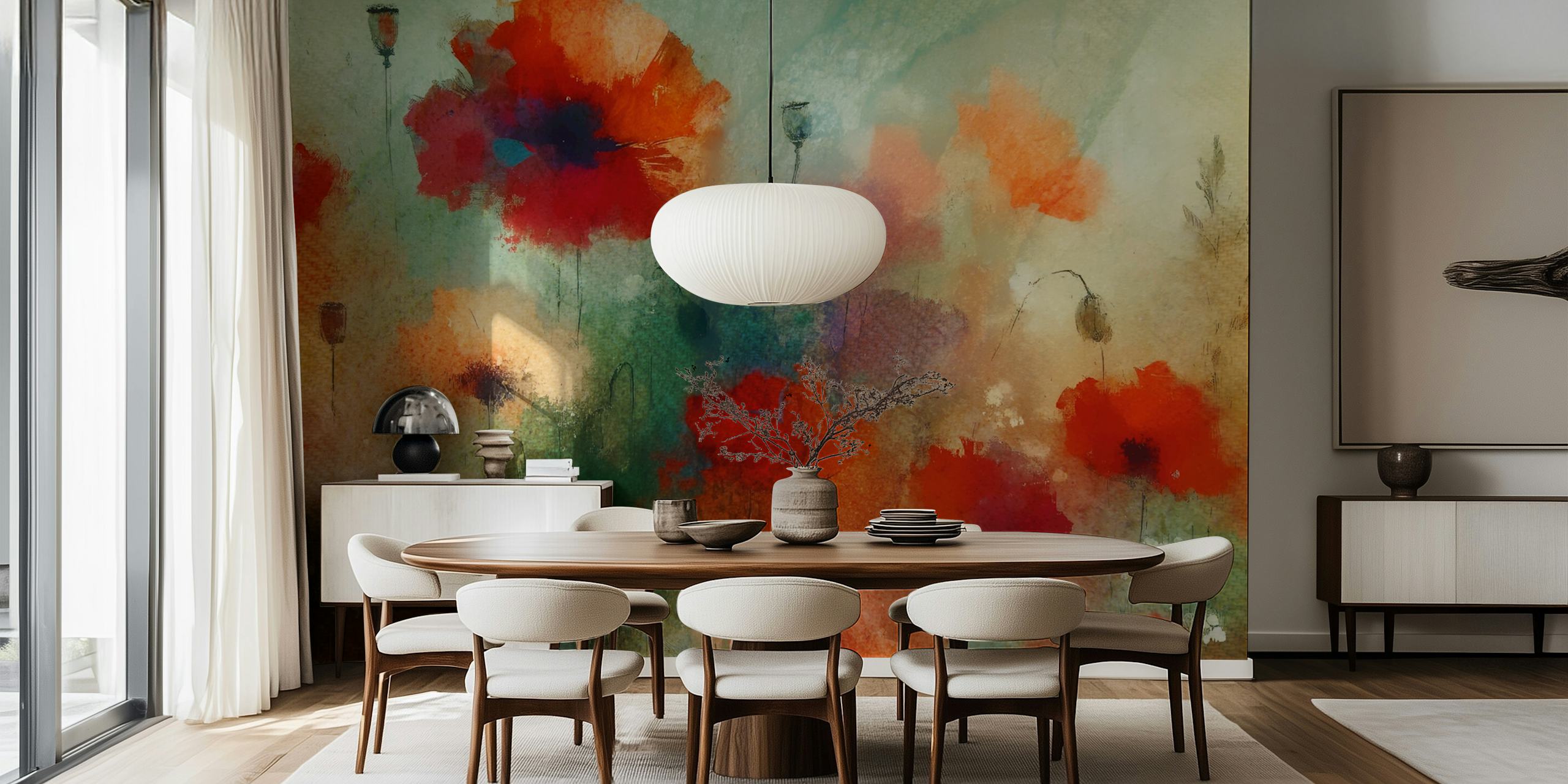 Red poppy flowers on a colorful background wallpaper