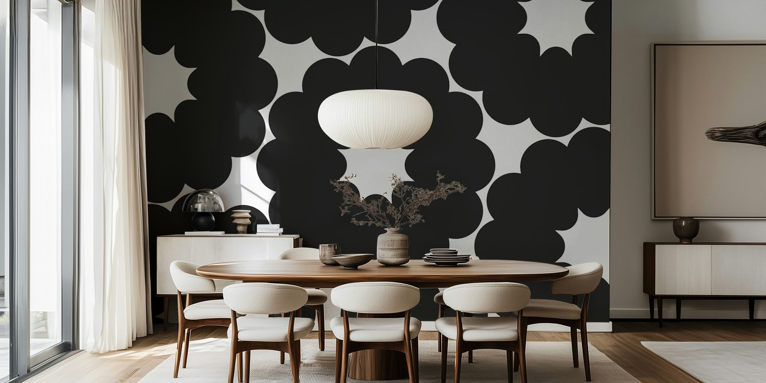 Monochrome Floral Burst wallpaper in a room