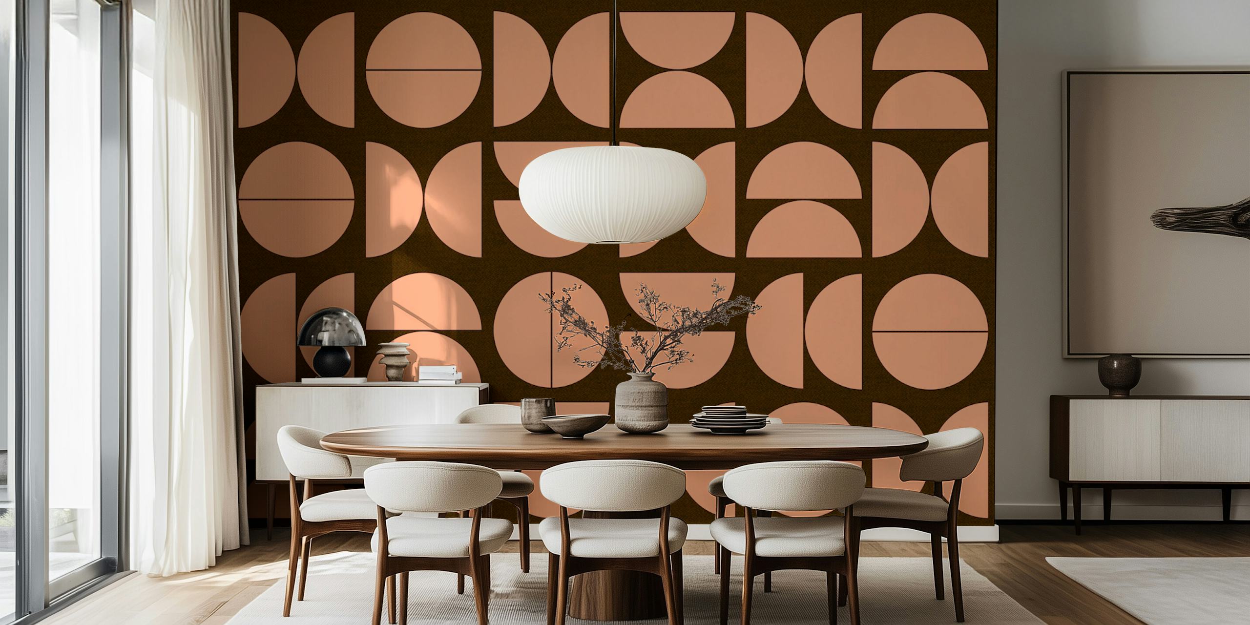 Geometric shapes in pink and brown on dark background wallpaper
