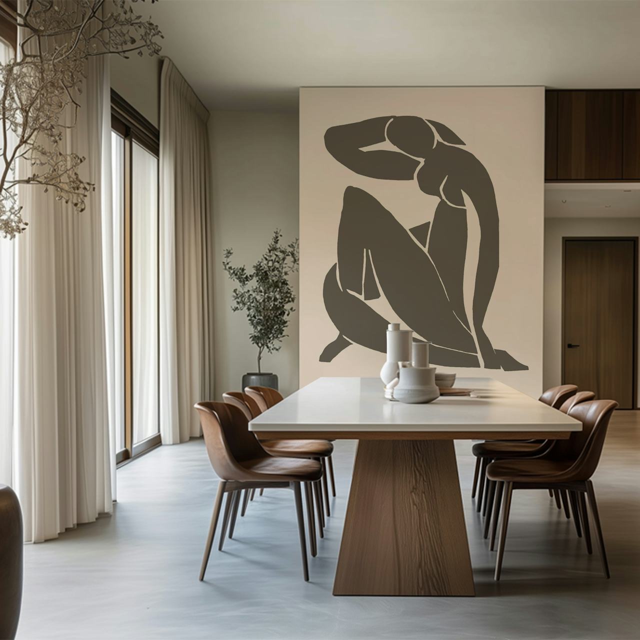 Beige nude silhouet muurschildering geïnspireerd op de minimalistische stijl van Matisse