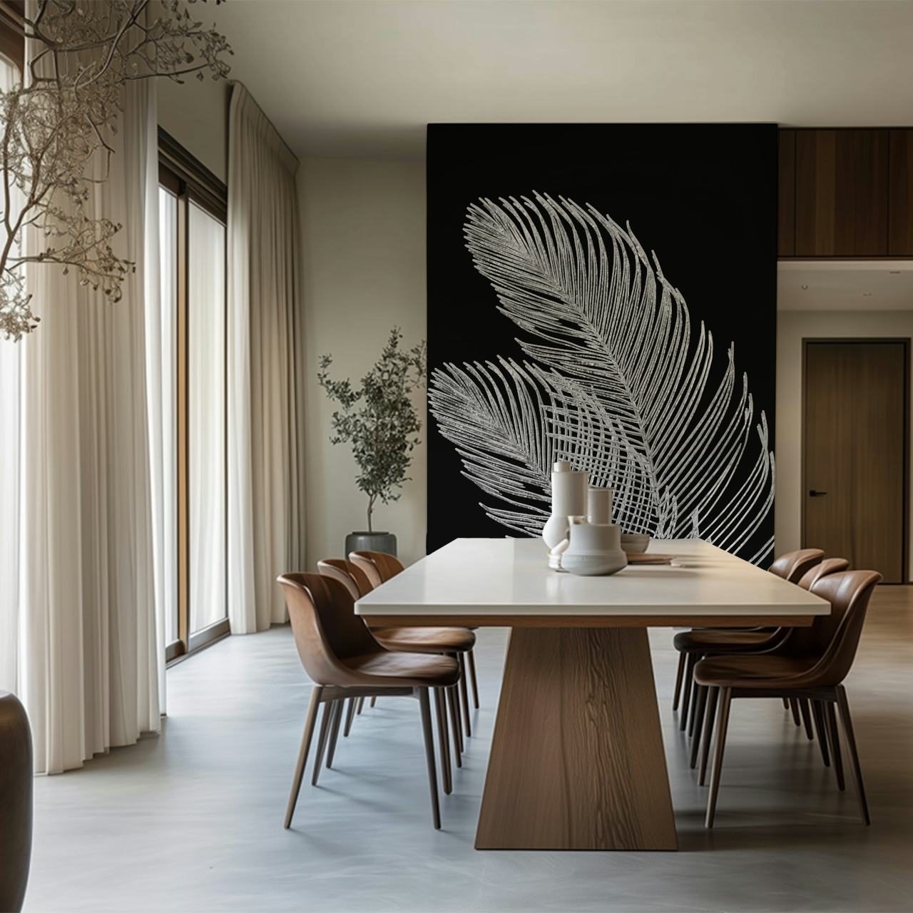 Palm leaf line art wall mural against black background