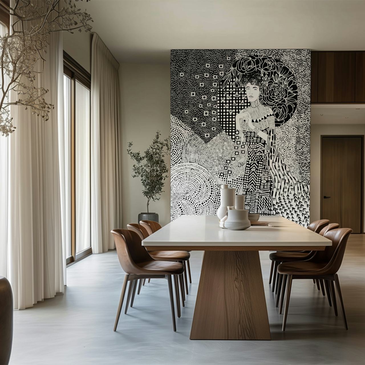 Bohemian lady illustration with black and white patterns wallpaper