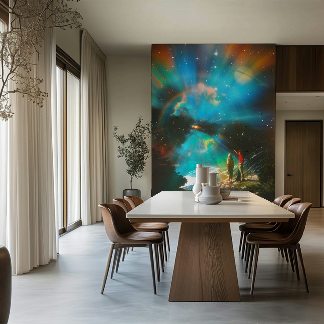 Colorful rainbow cosmic design with figures on a landscape wallpaper
