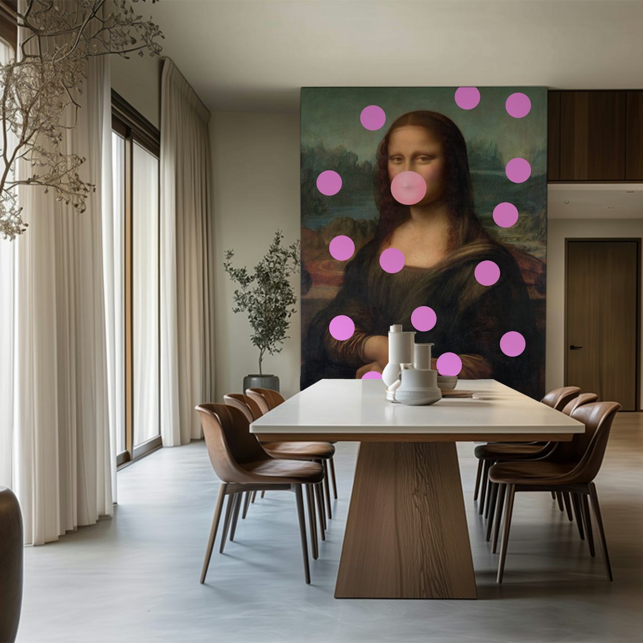 Mona Lisa with pink bubblegum and bubble dots wallpaper