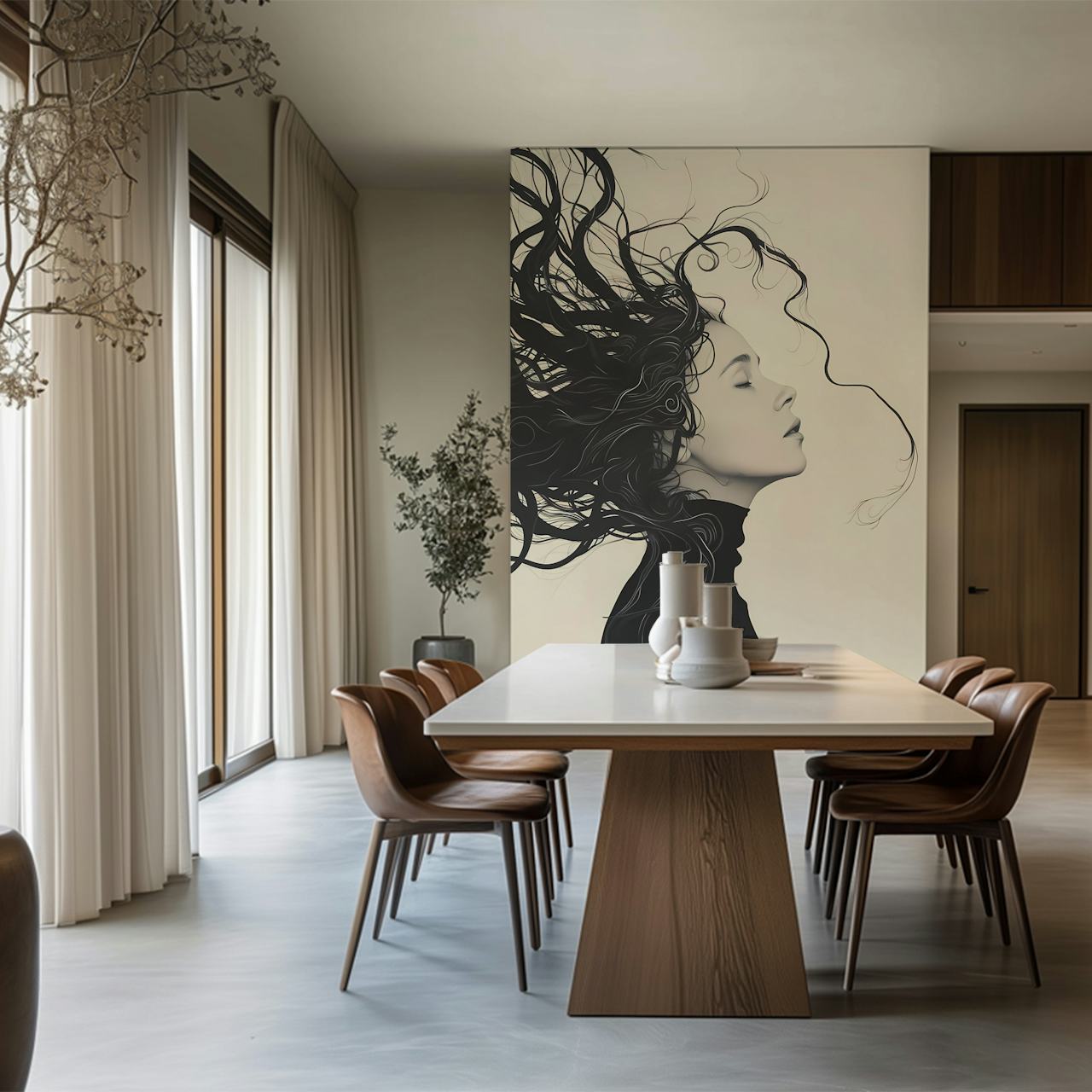 Profile of a woman with flowing hair in black and white wallpaper