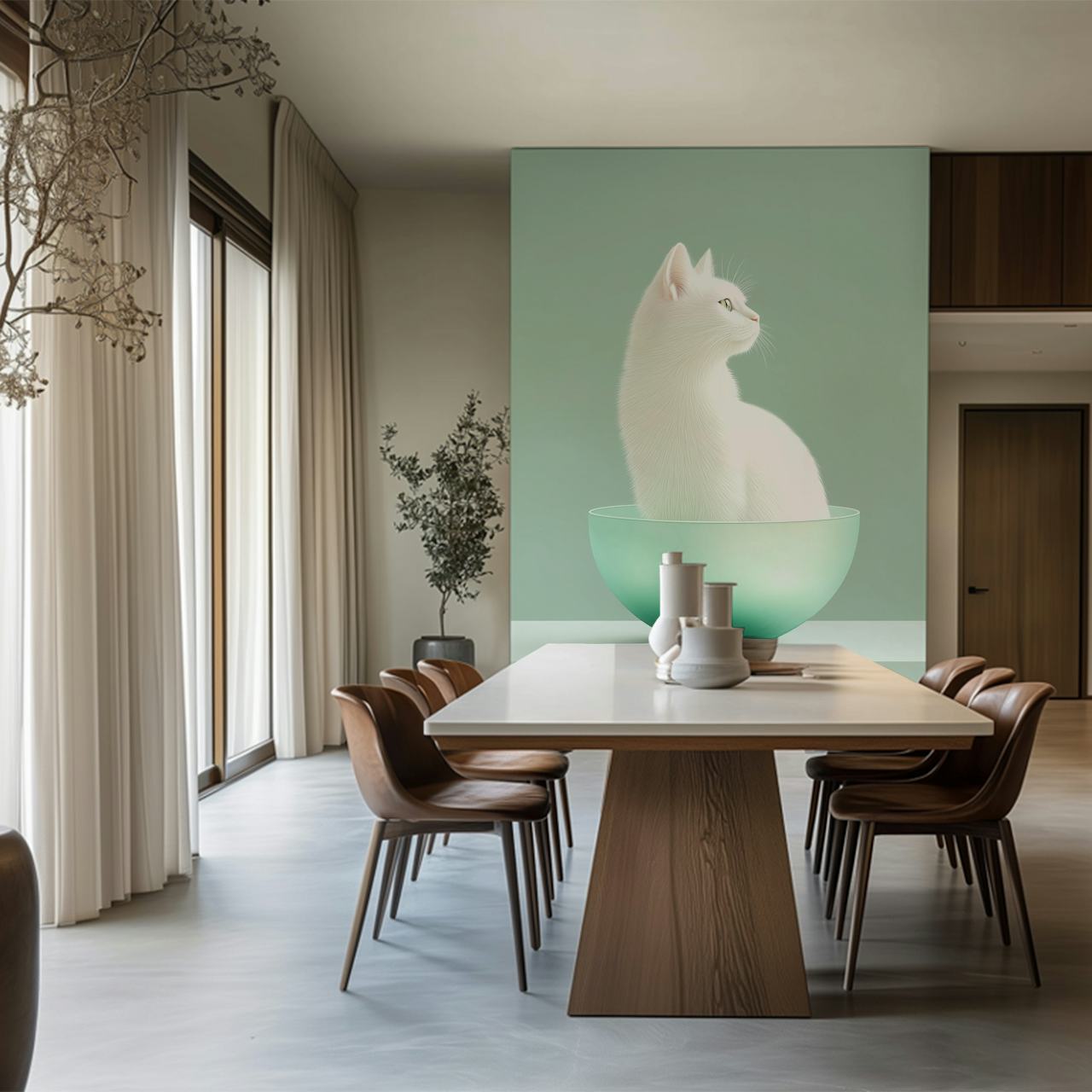 White cat in a mint green bowl against a soft green background wallpaper
