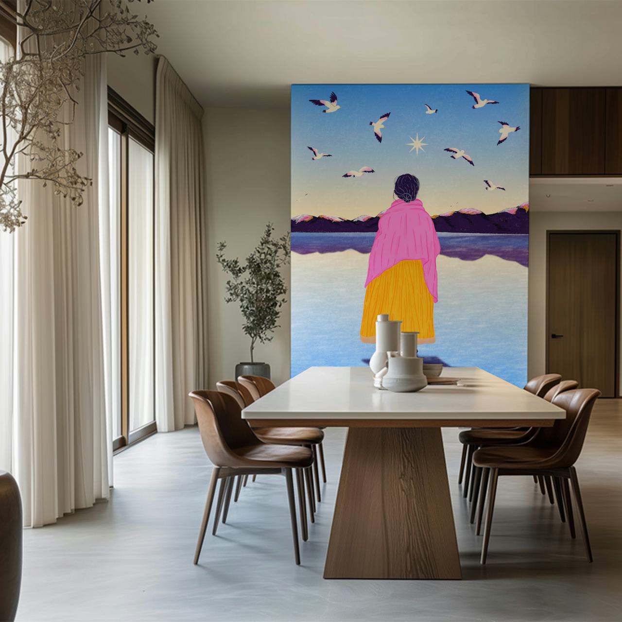 Colorful Andean woman with pink shawl and yellow skirt under a sunset sky with birds. Wallpaper