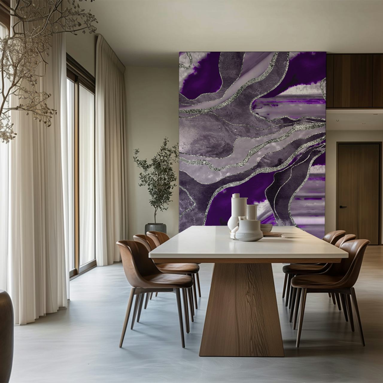 Violet and silver abstract marble agate pattern wall mural