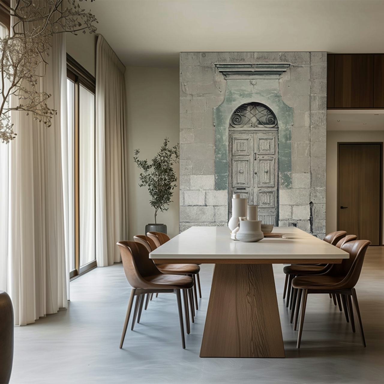 Gray weathered door wall mural for a vintage-inspired interior