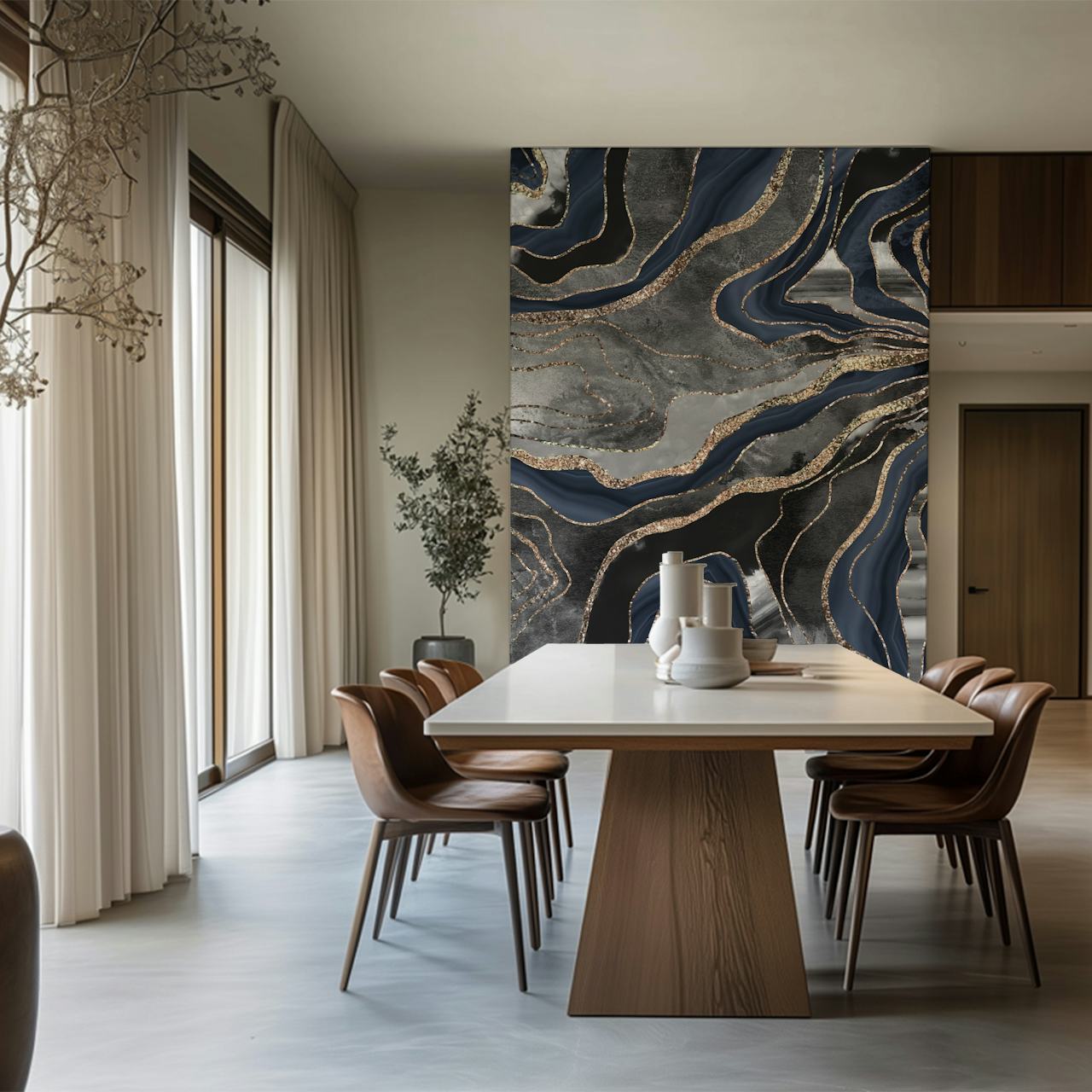 Padrão de mármore azul marinho e preto com detalhes dourados