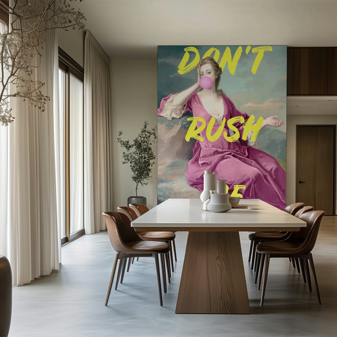 Portrait of woman with pink bubble and yellow text wallpaper