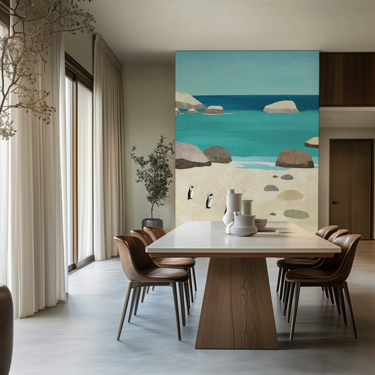 Drie pinguïns op een strand tussen rotsen en oceaan in blauwe tinten wallpaper